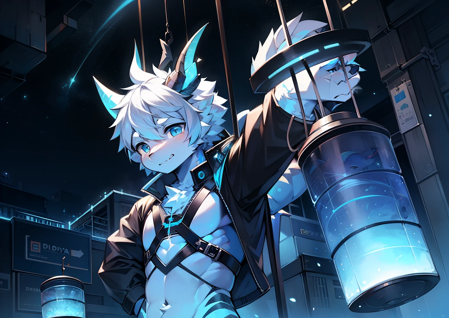 The expression is grim，Dragonature male，banya，Dragon's horn，Blue-white hair，starry sky colored pupilagic and technology ，dangling，galaxias，sitted