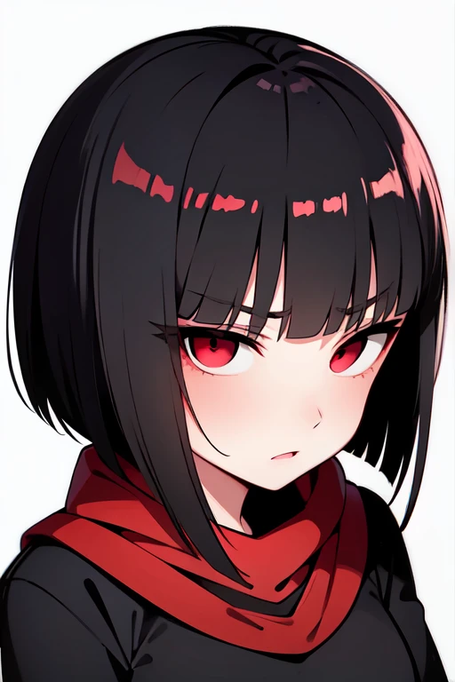 Deformed，A dark-haired，bob cuts，Red muffler，Black clothe，Loose clothing，red eyes，Impressive eyes，best faces