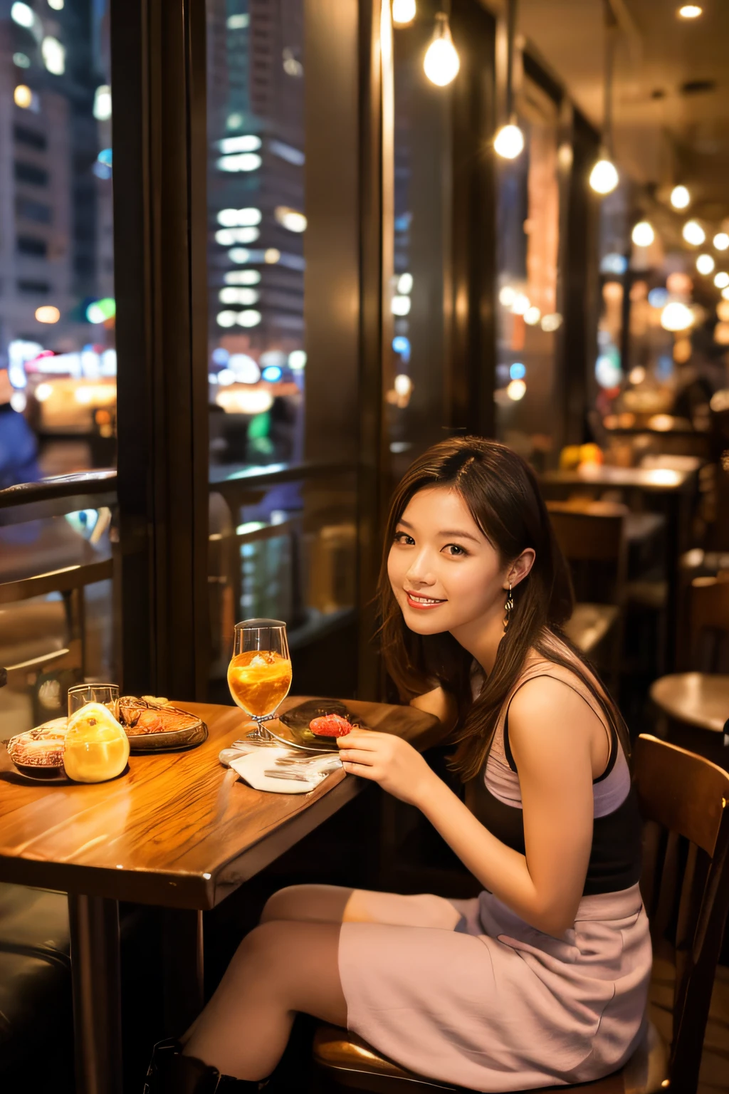 high-definition images, atmospheric perspective, 8k, super detail, accurate, best quality, (angle from under the table), a woman, drooping eyes, sleepy face, blush, in the city, busy, skyscrapers, skirt, high boots, shoulder bag, necklace, restaurant with large windows, takes a seat, (other customers), night scene, windows have harbor view, foods, hair up,
