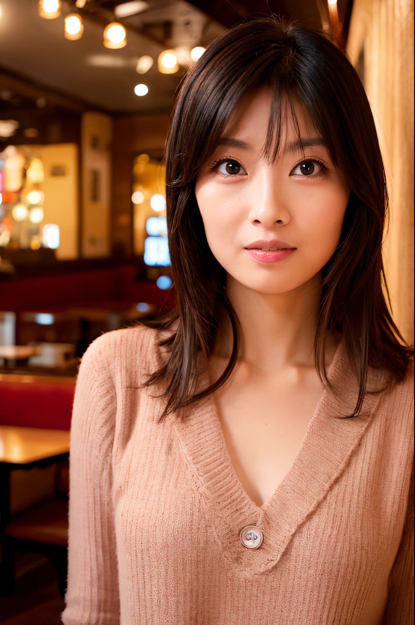 (High reality photograph, high resolusion, detailed face, detailed eyes) Skinny Japanese lady, 40 years old, cute face, various face expression, various hair style, skinny figure, small breasts, very thin waist, in a restaurant, wearing casual clothes