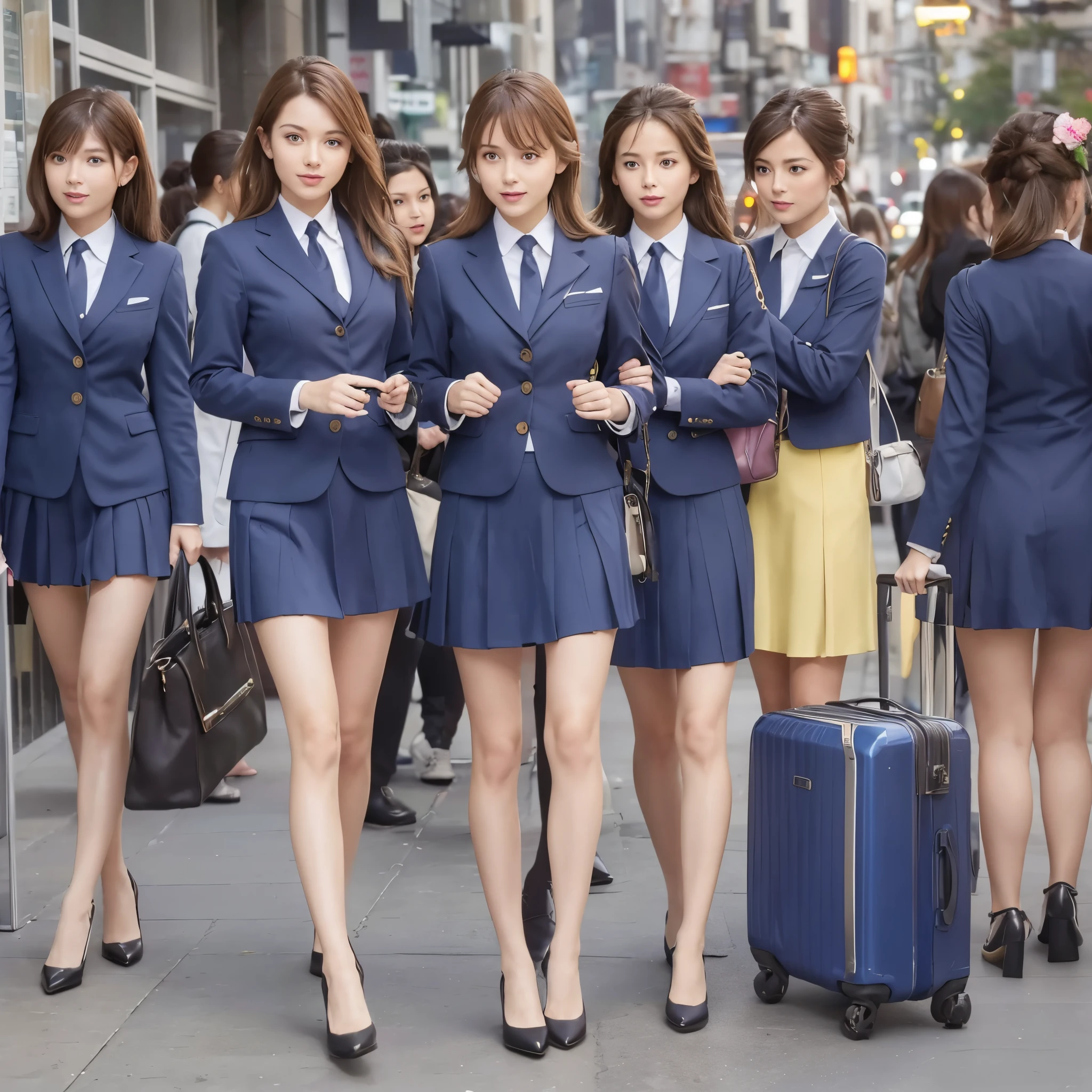 {{,Yellow people}}, looking at viewert, hazel eyes, The is very detailed, medium, brown hair, aerodrome, Stewardeslue blazer, tiese, blue skirtidskirt, pencil skirtlue high heels, cheerfulnesest quality at best, high qulity, extremely detailed anime screencap, {{{crowed, multipel Girls, thousands of sisterillions of sisterillions of sisters, clone, Doppelganger, Match outfitatching hairstyle}}}}, full bodyesbian