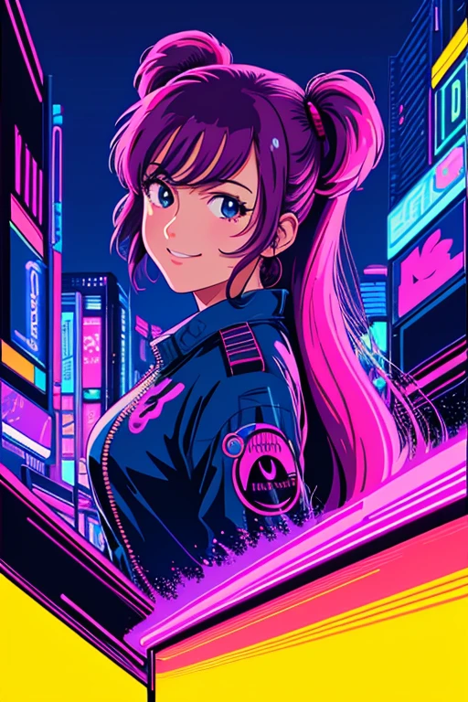 masterpiece, best quality, 1girl, city pop, night, neon lights, looking at viewer, body at an angle, upper body, slight smile, excited face, vector illustration, 80s clothing, long hair, 80s, old, art, neo tokyo, synthwave, abstract background, 80s anime, retro poster