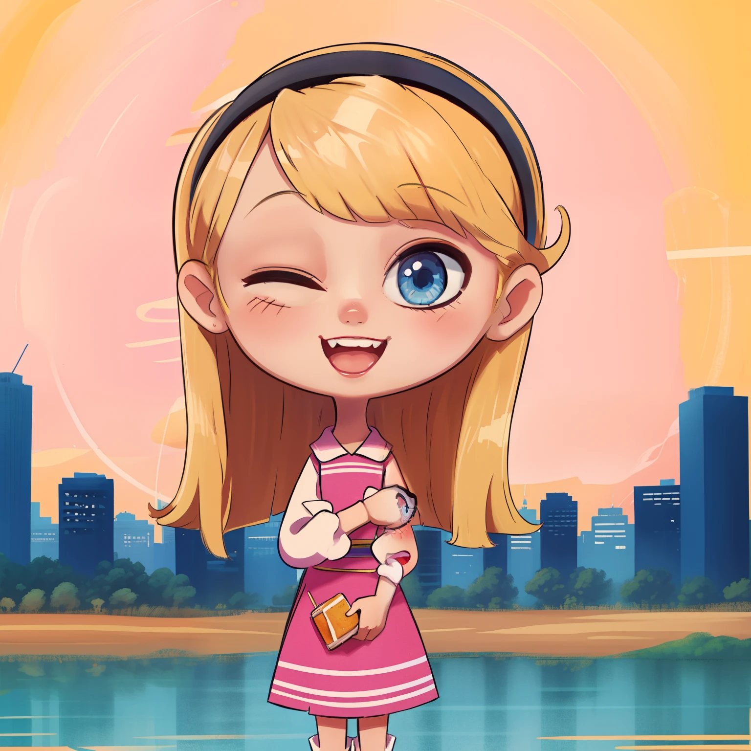 ((masterpiece, best quality)), 1girl, outside, city, river, looking at viewer, long hair, blonde hair, blue eyes, hairband, vibrant pink dress, eyes closed, joyful, cute, funny, giggling, , 4k, cute art