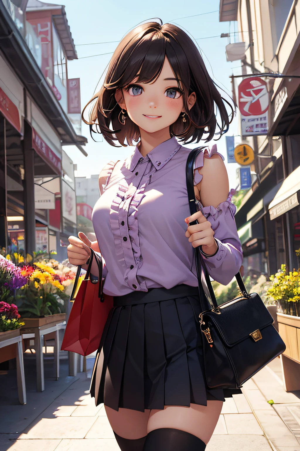 Very cute and beautiful girl,,(very detailed beautiful face and eyes:1.2),Smile,Cowboy Shot,
(purple blouse with small frills) Break Zettai Ryoki,Brown shoulder bag,(Brown boots),
Dynamic Pose,Dynamic Angle,Black hair,(pleated black mini skirt:1.2),Walking,shopping street,station,Flower Shop,
(Best Quality,masutepiece:1.2),(Intricate details),Extremely detailed,hight resolution,Solo,
Natural lighting,Hair fluttering in the wind,Beautiful detailed sky,(Realistic),