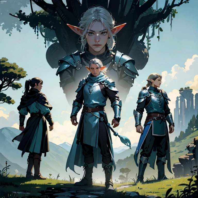 Video game character design, Drawing with Line Drawing, Multiple points of view, Best Quality,Masterpiece,hight resolution, elf, ((character concept art)), Video game character design,,illustartion,Realistic,Harmonious colours,natural lighting, grey skin, knight, dark armor hair1.3.A detailed eye, Transparent,fantasy style,extremely beautiful,High balance, natural light, leather armor, pony tail
