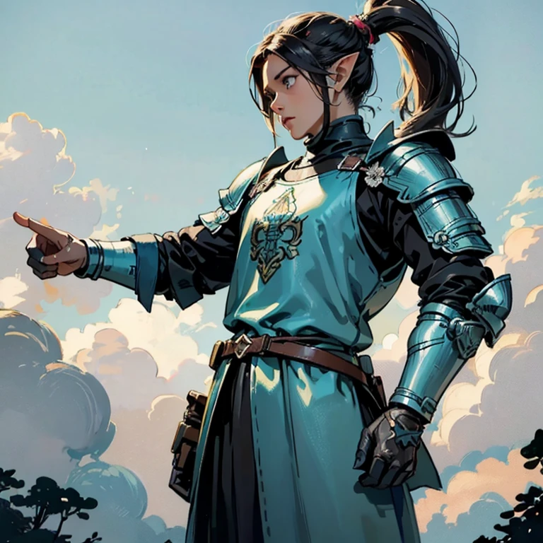 Video game character design, Drawing with Line Drawing, Multiple points of view, Best Quality,Masterpiece,hight resolution, elf, ((character concept art)), Video game character design,,illustartion,Realistic,Harmonious colours,natural lighting, grey skin, knight, dark armor hair1.3.A detailed eye, Transparent,fantasy style,extremely beautiful,High balance, natural light, leather armor, pony tail