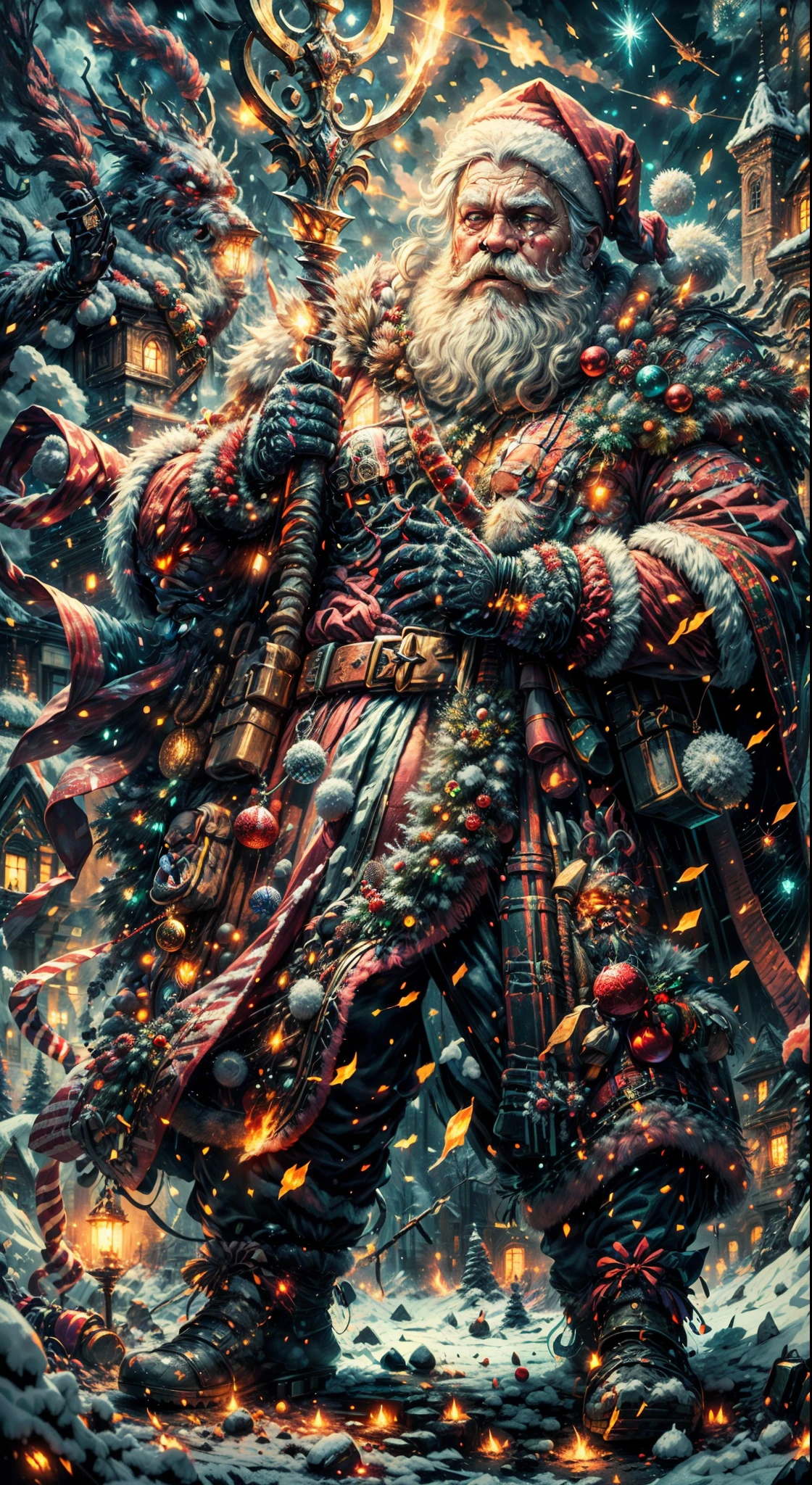 Full body,(a detailed artwork), Santa Claus as boss of game Dark Souls in the Christmas DLC, detailed eyes of Santa Claus, detailed lips of Santa Claus, extremely detailed face and beard, long white beard, muscular body of Santa Claus, wearing gold armor, holding a giant candy cane as a weapon, surrounded by a dark and gloomy environment with glowing Christmas lights, intense boss fight with fiery effects and explosions, high-resolution image (4k, 8k), HDR lighting, realistic portrayal, vibrant colors, atmospheric and ominous feel, intense action-packed scene.