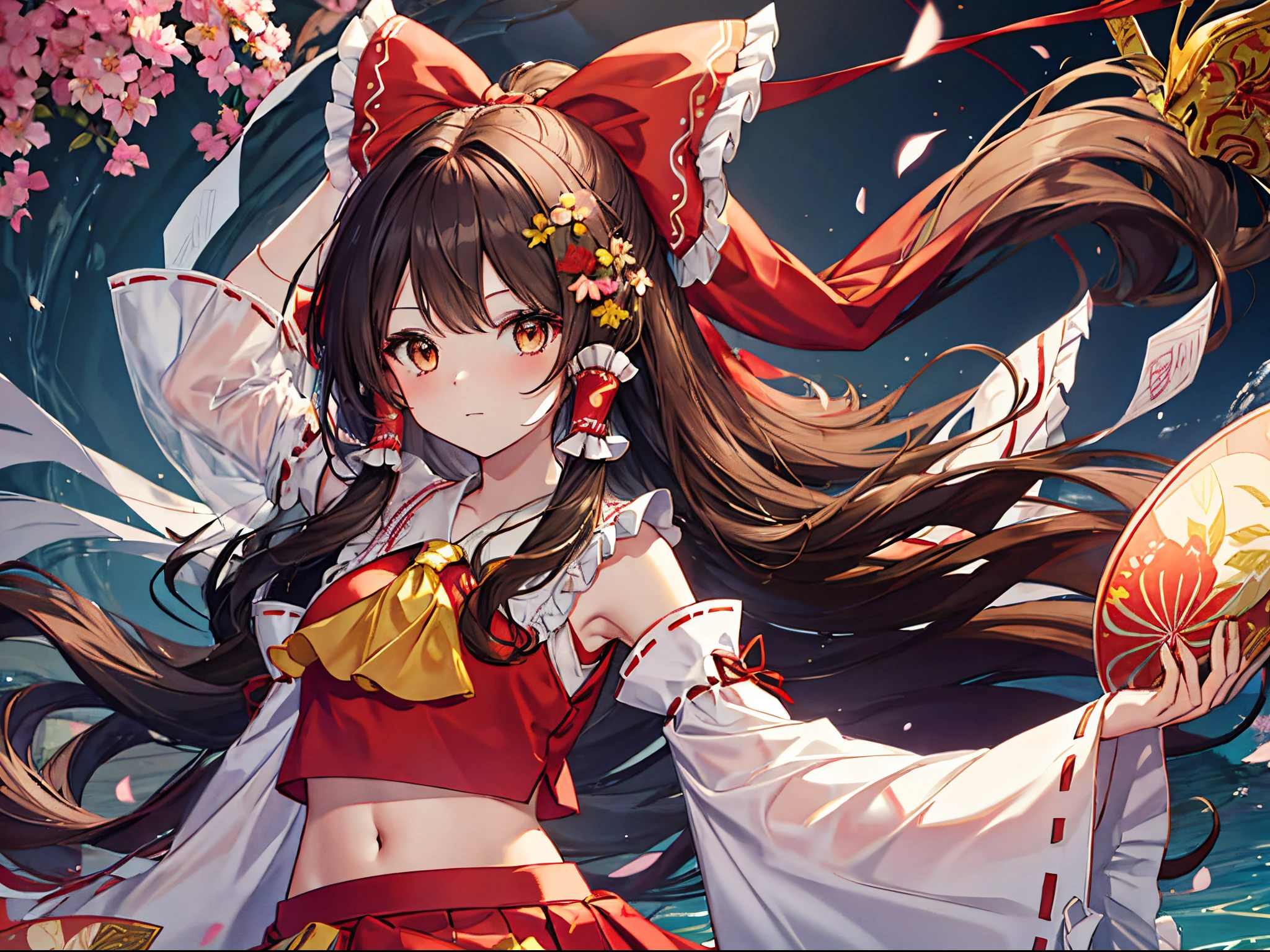 an anime style painting of a woman in full costume surrounded by leaves and flowers, 1girl, hakurei reimu, solo, long hair, mask, bow, skirt, ascot, detached sleeves, ribbon trim, ribbon-trimmed sleeves, brown hair, red skirt, navel, hair bow, red bow, gohei, hair tubes, leaf, wide sleeves, midriff, ofuda, frills, brown eyes, water, shirt, yellow ascot