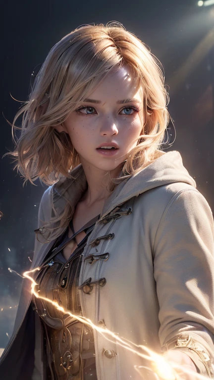 (Skindentation:1.5), Realistic, photorealistic portrait, (masterpiece:1.5), Concept Art, intricate detailed, high-detail, photorealistic portrait, octanerender, 10, unreal engine, Dynamic Poses, bestquality, highres, (realistic face:1.1), (hyperrealistic:1.1), ((full_body)), Perfect Eyes,(oily shiny skin:1.2), (((hairstyle))), (((The detailed background is so perfect.), ((Dynamic background)), ((lightning)), (light rays), ((1girls)), Wearing a robe, (((flowing coat))), ((detailed eyes, high quality eyes, High quality face)), (Very complex coat., Magic Cloak), Short Hair Hair, Lightning Casting, electricity, Whirlpool lights, Radiant Power, sparks, smoke, Magic, ((Drama Pic, battlefield, Depth of Field, bokeh, 10, gothic, man, particles