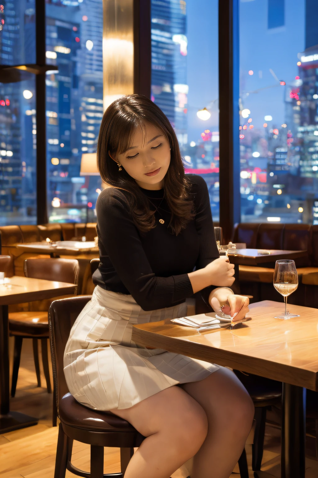 high-definition images, atmospheric perspective, 8k, super detail, accurate, best quality, (angle from below), a woman, drooping eyes, sleepy face, blush, in the city, busy, skyscrapers, skirt, high boots, shoulder bag, necklace, restaurant with large windows, takes a seat, (other customers), night scene, windows have harbor view, foods, hair up,