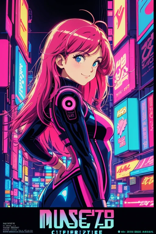 masterpiece, best quality, 1girl, city pop, night, neon lights, looking at viewer, body at an angle, upper body, slight smile, excited face, vector illustration, 80s clothing, long hair, 80s, old, art, neo tokyo, synthwave, abstract background, 80s anime, retro poster