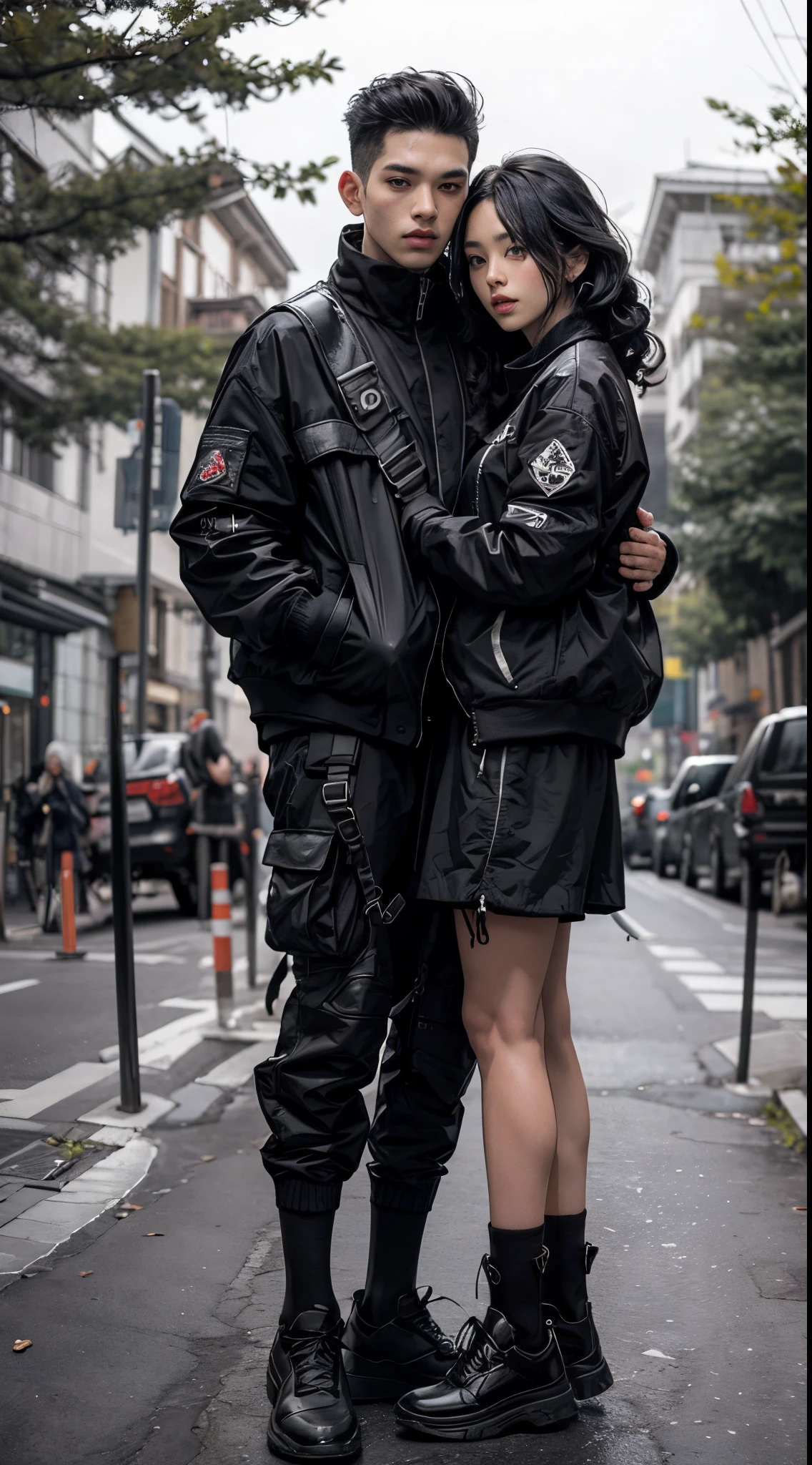 (masterpiece)(ultra realistic) full body ,fisheye lens,model hug couple,wearing bomber jacket black,man undercut black short curly hair, woman stright long hair,background
nature, clean face ,face indo