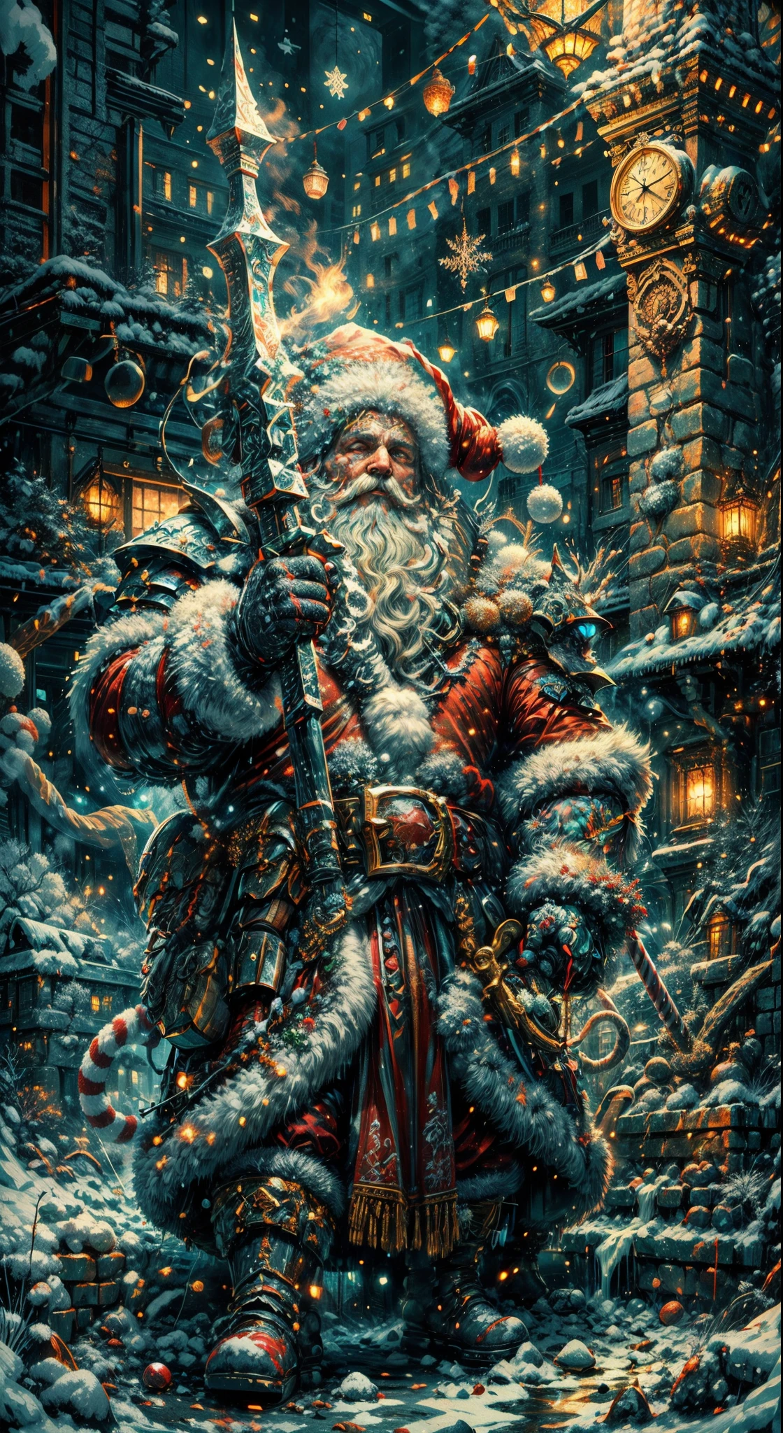 Santa Claus as the boss of the game "Dark Souls" in the Christmas DLC,best quality,4k,8k,highres,masterpiece:1.2,ultra-detailed,realistic:1.37,[HDR],[UHD],[studio lighting],extremely detailed face,beautiful detailed eyes,beautiful detailed lips,long eyelashes,[physically-based rendering],powerful physique,wearing a red and white armor suit with intricate designs,[imposing presence],holding a mighty candy cane [greatsword],surrounded by a snowy landscape,with large icicles hanging from the environment,casting a golden aura,[epic battle scene],intense fire and smoke effects,[vivid colorokeh],blue and white color scheme with hints of gold, dramatic lighting with warm highlights and cool shadows.