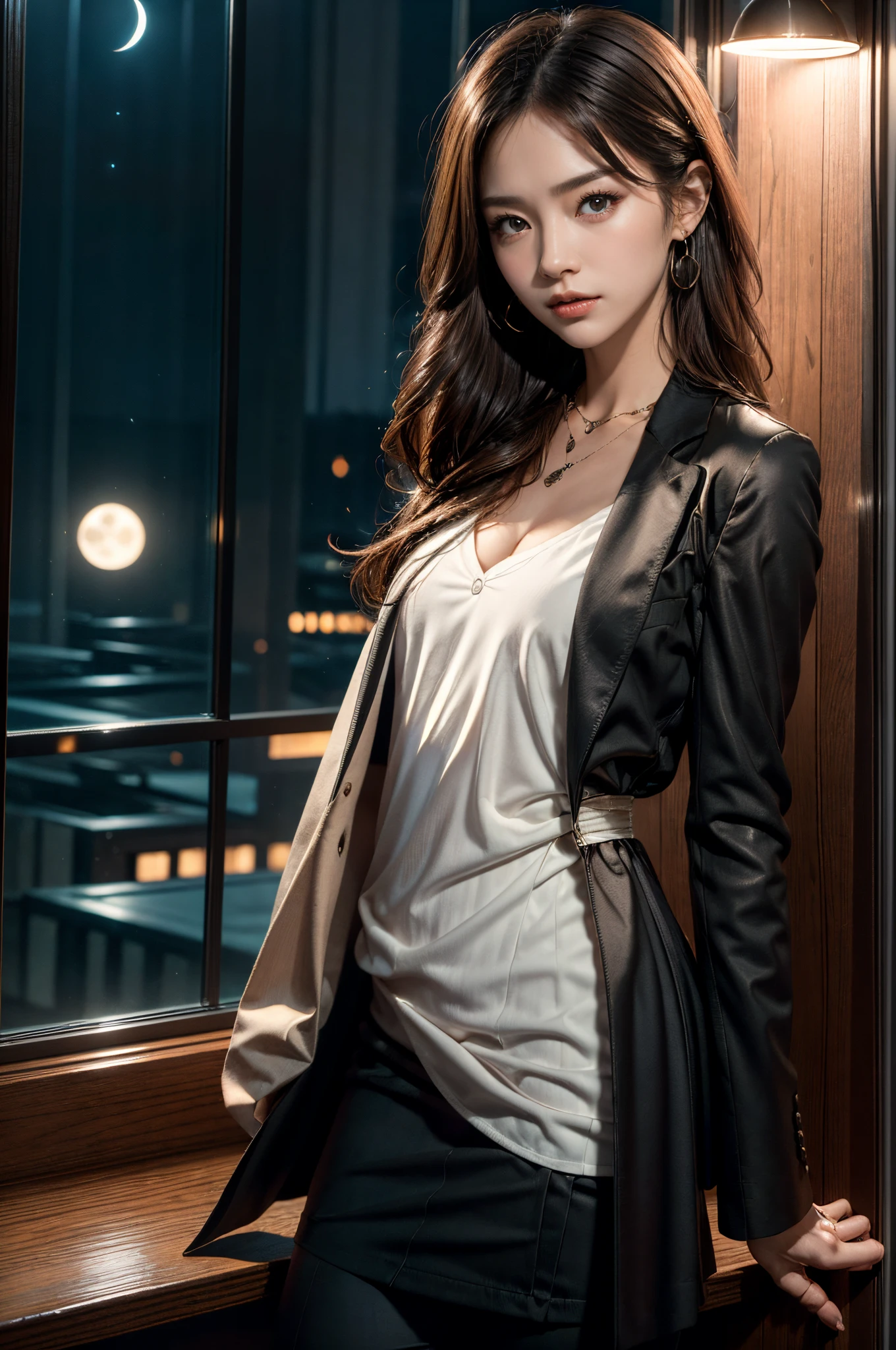(Photoreal Stick:1.5, masutepiece:1.5, 8K), (top-quality, masterpiece, 超A high resolution), Perfect dynamic composition, Professional camera work:1.4, Highly detailed skin and facial texture:1.3, Mystical portrait:1.3, Grow Light Effect, The ultra-detailliert, 1girl in, ((Night view from inside the building, Please turn off the lights in the room, Dark atmosphere, The moonlight at night shines through the glass)), ((V-neck shirt:0.8)), (black tailored suit suit jacket), Model body type, Clear face, Detailed hand, Beautiful and detailed eyes, (Enraptured look:0.8, i love you completely:0.8), A mouthfeel that feels beautiful eros, Dark brown medium hair, the chest is medium, a necklace