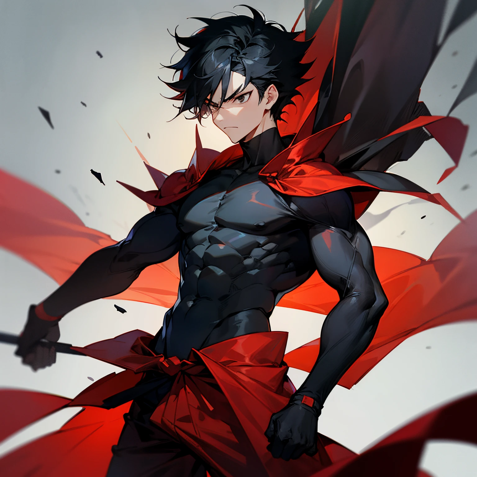 1male,Ichigo Hair Black hair , black eyes, Black Combat Clothing , Modern City Background , Black Body Suit Underneath, spiky hair , Red baggy pants , Serious Expression , Red Pants, Muscular Build , red poncho