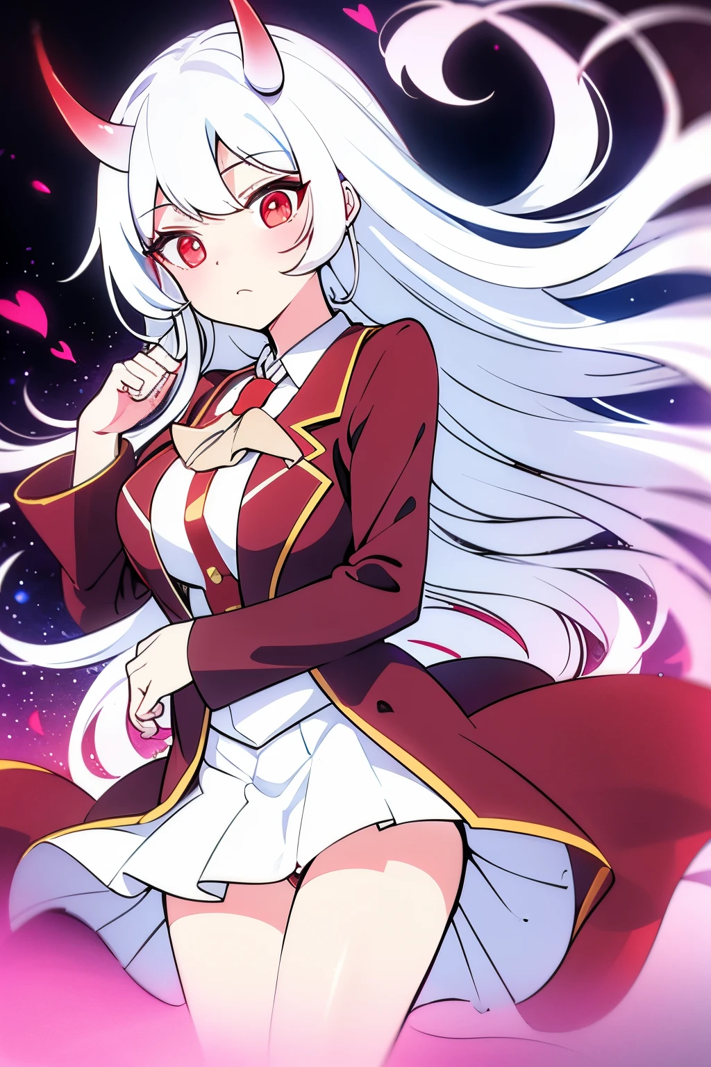 tmasterpiece，highest  quality，1girll，red eyes，White  hair， horn,JK suit