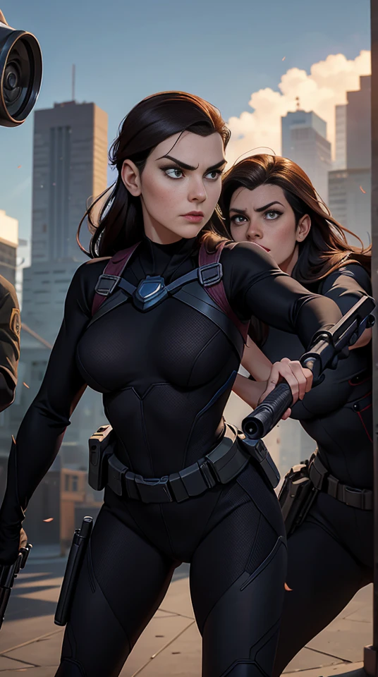 widow aiming it and she is holding the gun with her both hands, she is scared and people are running, she is pointing it and trying to face it with a brave face