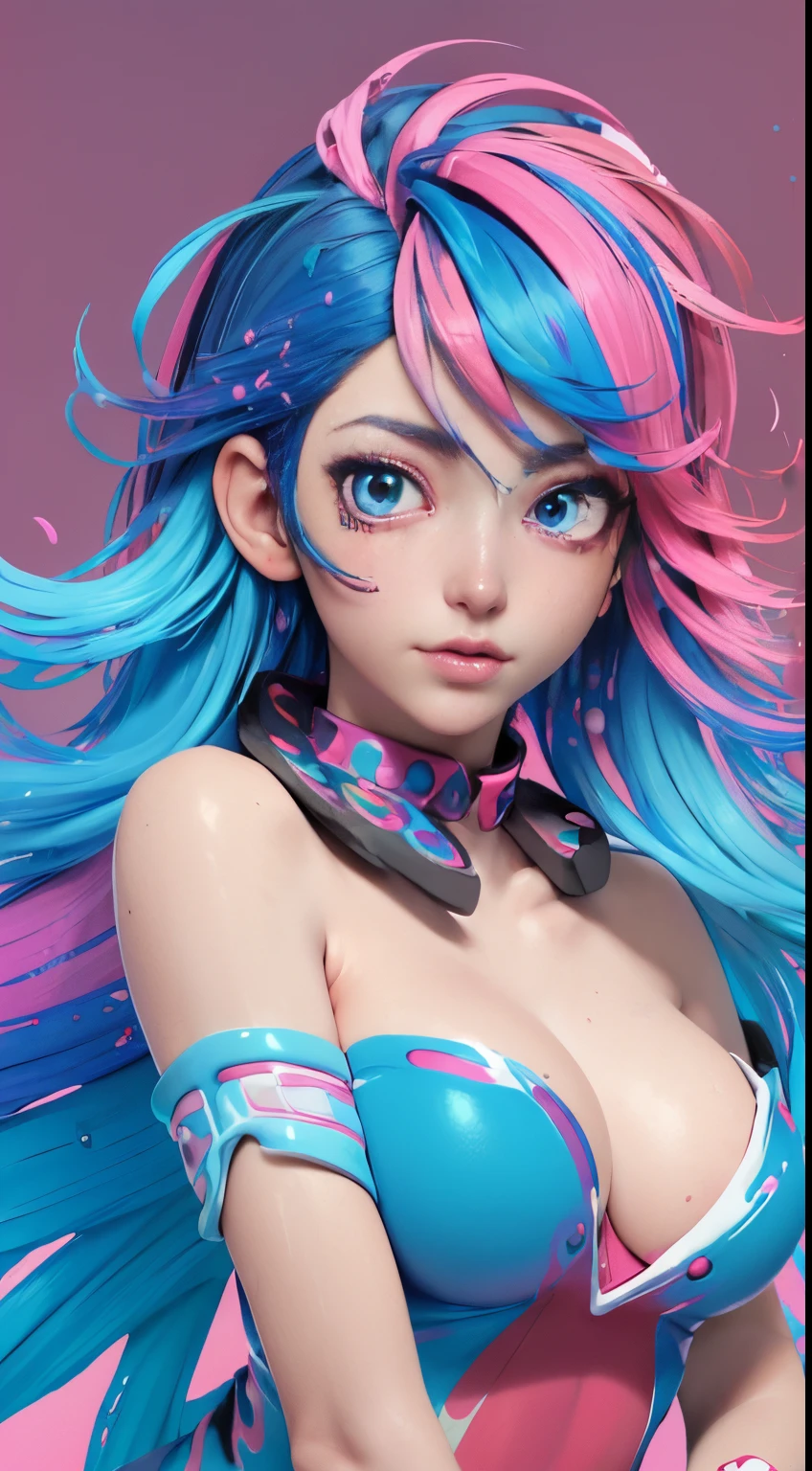 A female with a multicolored background, (((masterpiece))),(((best quality))),((ultra-detailed)), (illustration), (dynamic angle), ((floating)), (paint),((disheveled hair)),(solo),(1girl), ((medium breasts)), (((detailed anime face))), ((beautiful detailed face)), collar, bare shoulders, aqua hair, ((colorful hair)),((streaked hair)), beautiful detailed eyes,(Gradient color eyes),(((colorful eyeulticolored background, red background, white background, blue background, purple background, pink background, white background, (((colorful background))), (((gradient colored background))), (((high saturation))),(((surrounded by colorful splashes))),(((surrounded by colorful dot))), colorful bubble, ((shining)),