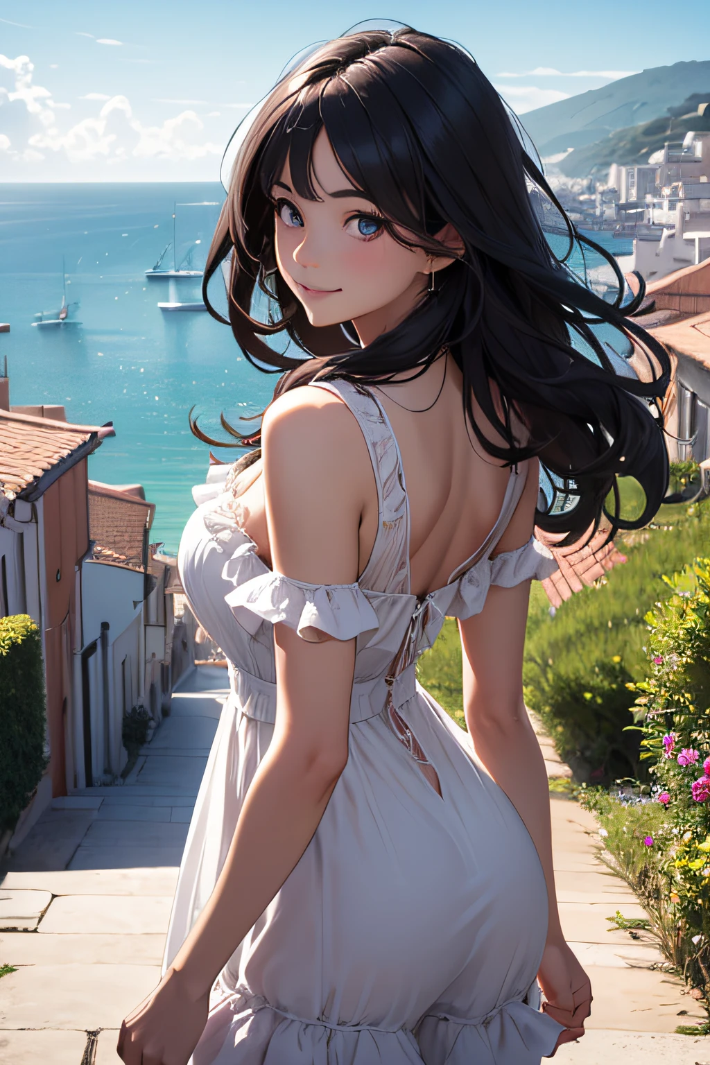 Very cute and beautiful girl,,white sundress with small ruffles,(very detailed beautiful face and eyes:1.2),
walk up the slope to the top of the hill,(Mediterranean cityscape by the sea),distant port,From below,Beautiful summer sky,
Cowboy Shot,Smile,(Looking back,from behind),Wavy black hair,Dynamic Angle,
(Best Quality,masutepiece:1.2),(Intricate details),Extremely detailed,hight resolution,
Solo,Natural lighting,Hair fluttering in the wind,(Realistic),