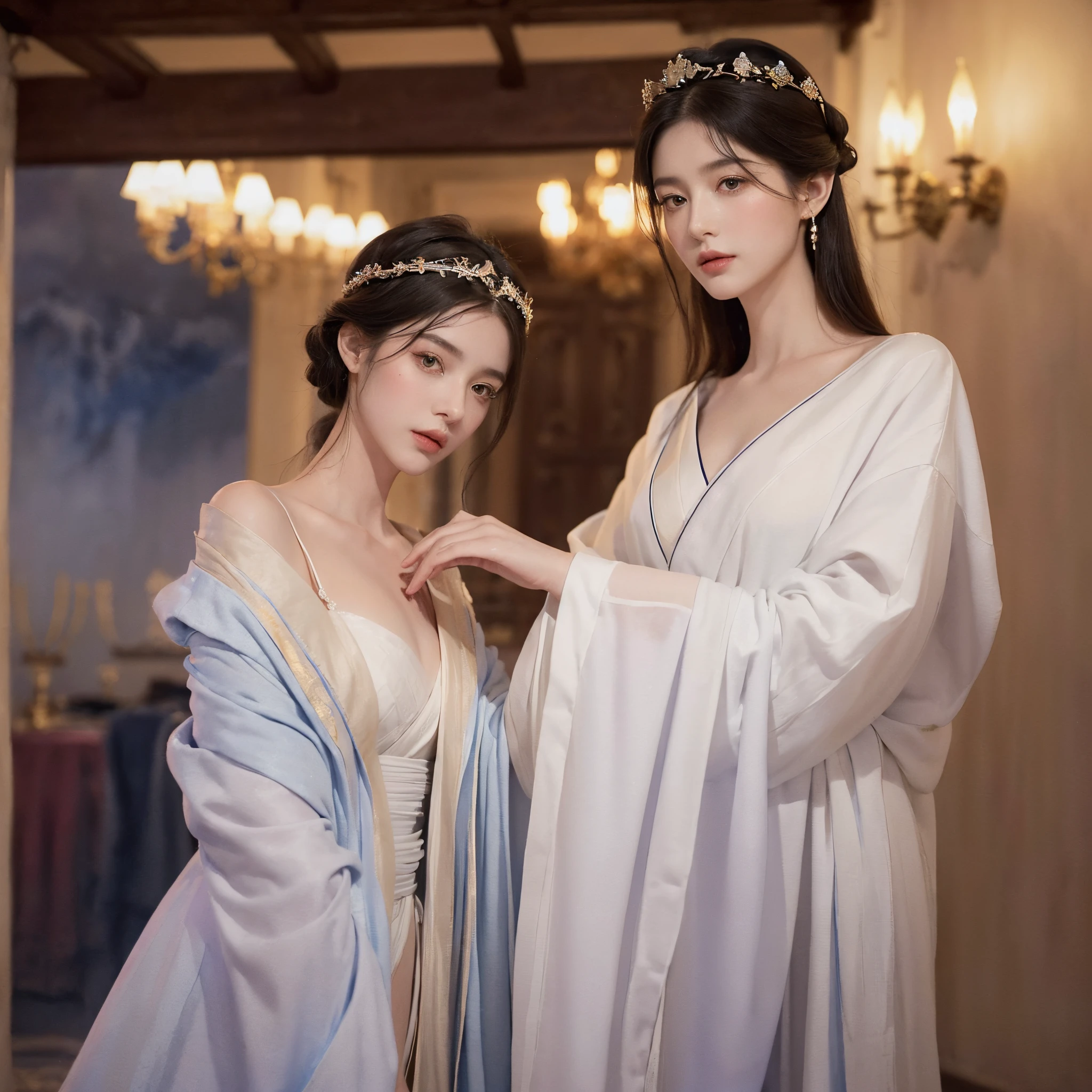 ((Watercolor painting by singer Sargent)) 21-year-old beauty,More jewelry(Elegant headwear (symetrical eyes,Gentle eyes,Eyes up)、(looking at viewert)、 The magnificent empress, (Wear an emperor's robe)、robe: Elegant dragon robe(Domineering side reveal)、(Greek skin)、royal hunting ground、Deep depth of field