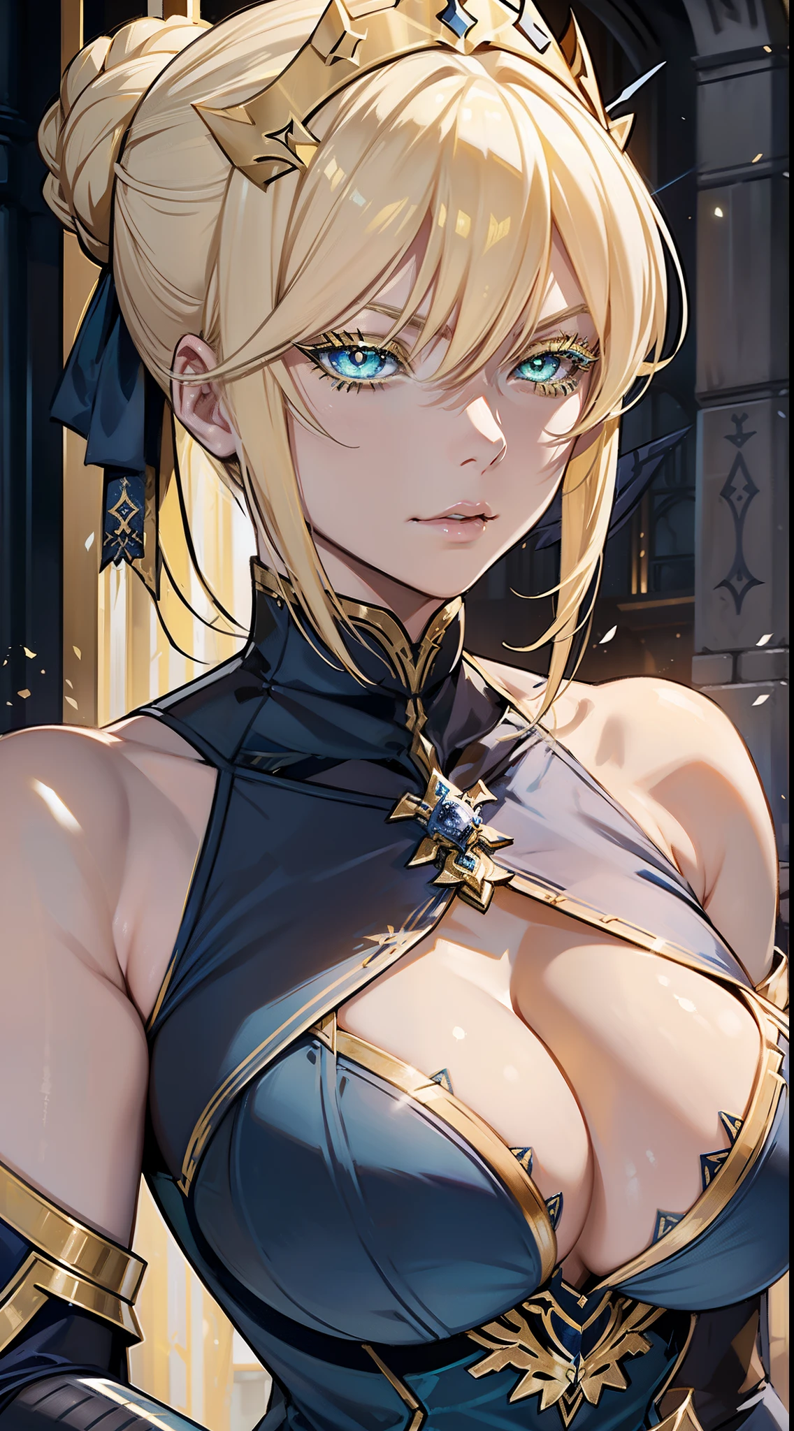 (Artoria Pendragon (Lancer) (fate)), adult female, elegant, braided bun, blonde, green eyes, (yellow eyelashes), ???????????, (???? shoulders), blue leotard, cleavage cutout, close-up face, high resolution, extremely detail 8k cg.