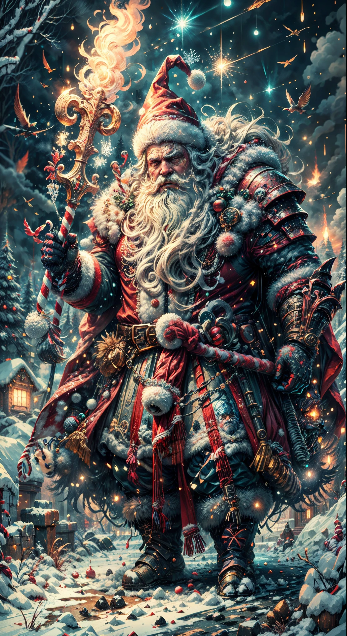 Santa Claus as the boss of the game "Dark Souls" in the Christmas DLC,best quality,4k,8k,highres,masterpiece:1.2,ultra-detailed,realistic:1.37,[HDR],[UHD],[studio lighting],extremely detailed face,beautiful detailed eyes,beautiful detailed lips,long eyelashes,[physically-based rendering],powerful physique,wearing a red and white armor suit with intricate designs,[imposing presence],holding a mighty candy cane [greatsword],surrounded by a snowy landscape,with large icicles hanging from the environment,casting a golden aura,[epic battle scene],intense fire and smoke effects,[vivid colorokeh],blue and white color scheme with hints of gold, dramatic lighting with warm highlights and cool shadows.