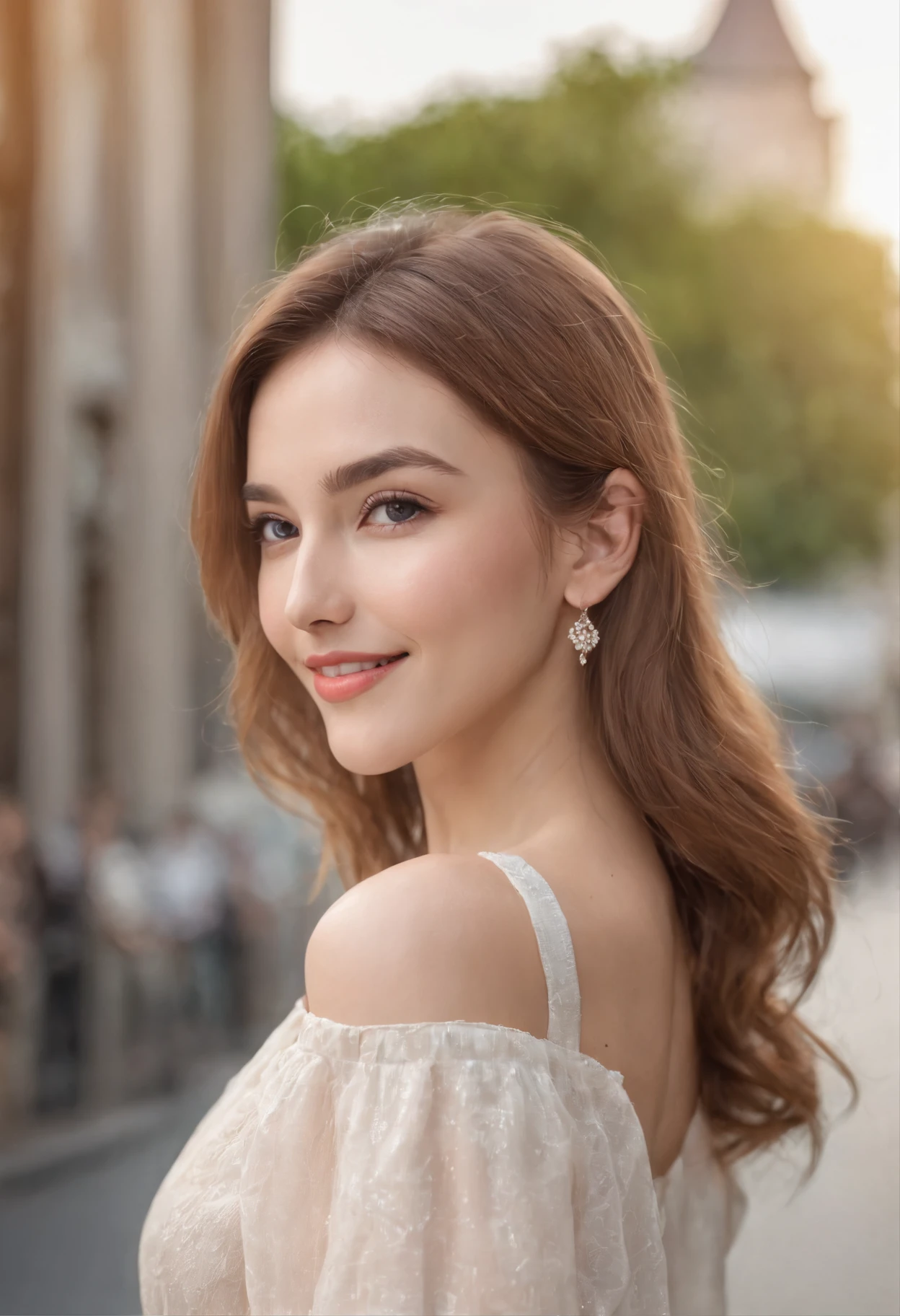 Woman, (eyes 1.2), (small nose), (lips 1.4), blonde hair, long hair, slim waist, tanned skin, blue eyeest quality, 4k, 8k, high resolution, masterpiece: 1.2), ultra-detailed,photorealistic:1.37,portrait,summer,walking in the city,casual clothing,gentle smile,vibrant colors,sunny day,soft lighting,cityscape background,sidewalk,eternal beauty,natural beauty,elegant posture,fresh breeze , charm, light makeup, sophisticated elegance, carefree aura, long intricate silver earrings,