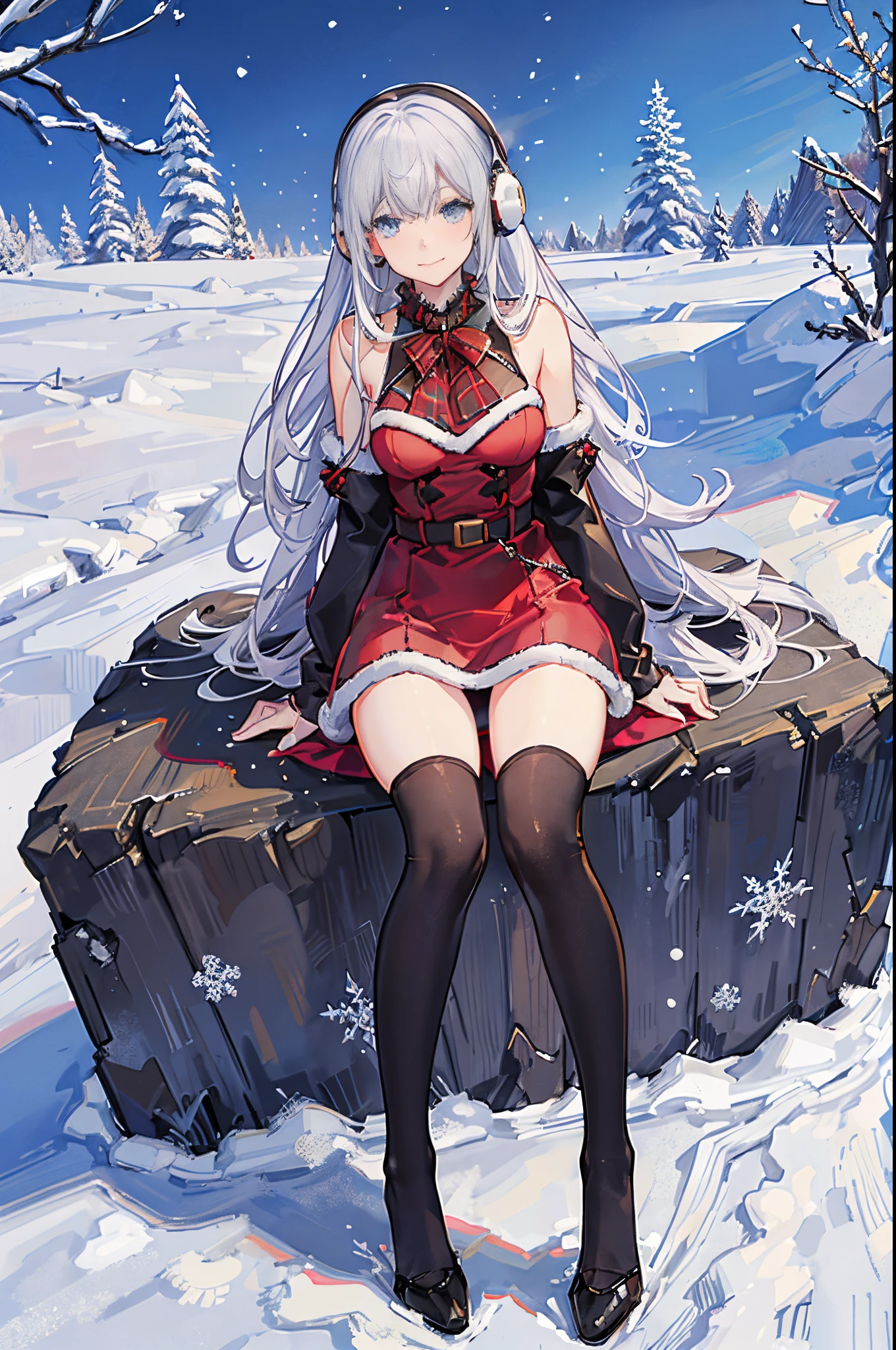"anime girl, 1 person, silver white hair mixed with black, blue eyes, wearing headphones, Santa shirt, Santa outfit, Christmas outfit,red winter outfit, red winter dress, big breasts, long socks, standing cross-legged, smiling shyly, blushing, cold winter, snowing, suitable for Christmas gifts, Christmas, solo(full HD Image 4K+)"