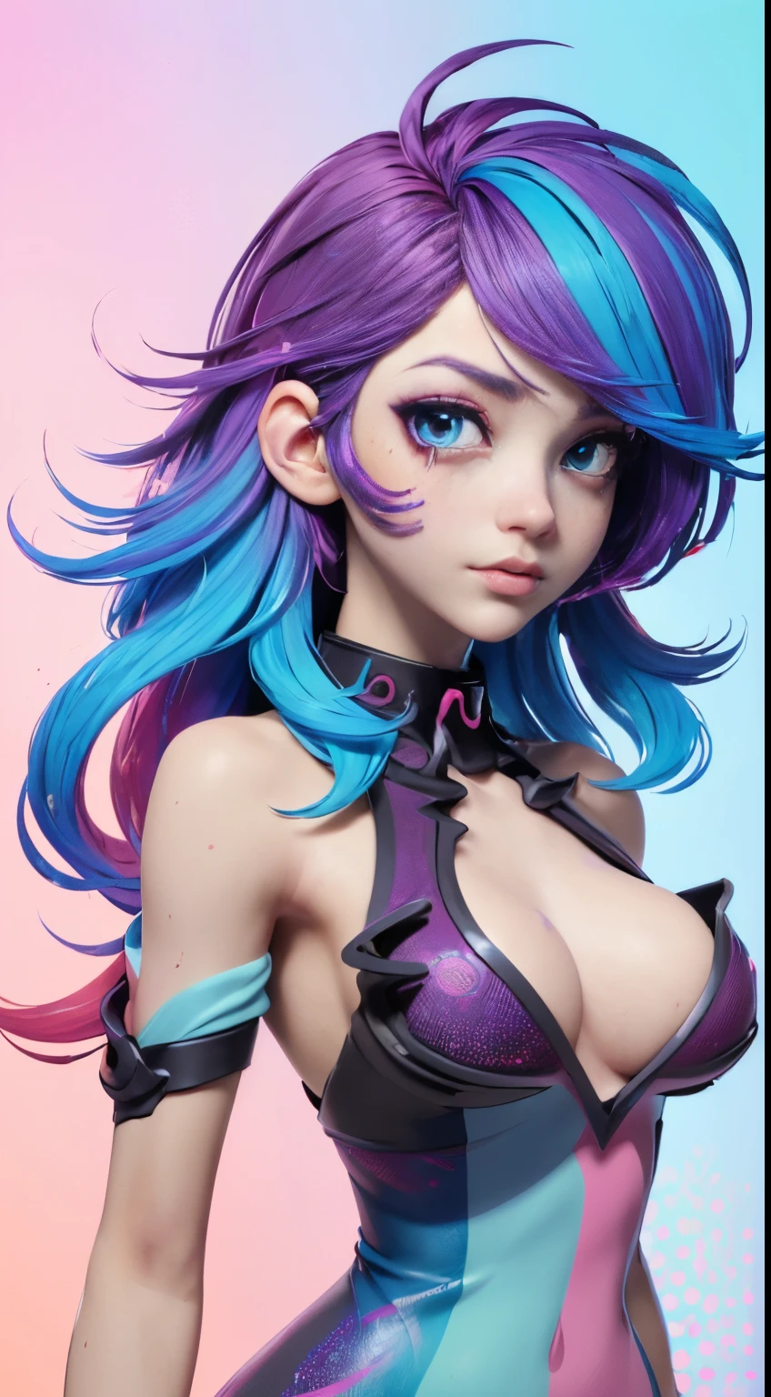 A female with a multicolored background, (((masterpiece))),(((best quality))),((ultra-detailed)), (illustration), (dynamic angle), ((floating)), (paint),((disheveled hair)),(solo),(1girl), ((medium breasts)), (((detailed anime face))), ((beautiful detailed face)), collar, bare shoulders, aqua hair, ((colorful hair)),((streaked hair)), beautiful detailed eyes,(Gradient color eyes),(((colorful eyeulticolored background, red background, white background, blue background, purple background, pink background, white background, (((colorful background))), (((gradient colored background))), (((high saturation))),(((surrounded by colorful splashes))),(((surrounded by colorful dot))), colorful bubble, ((shining)),