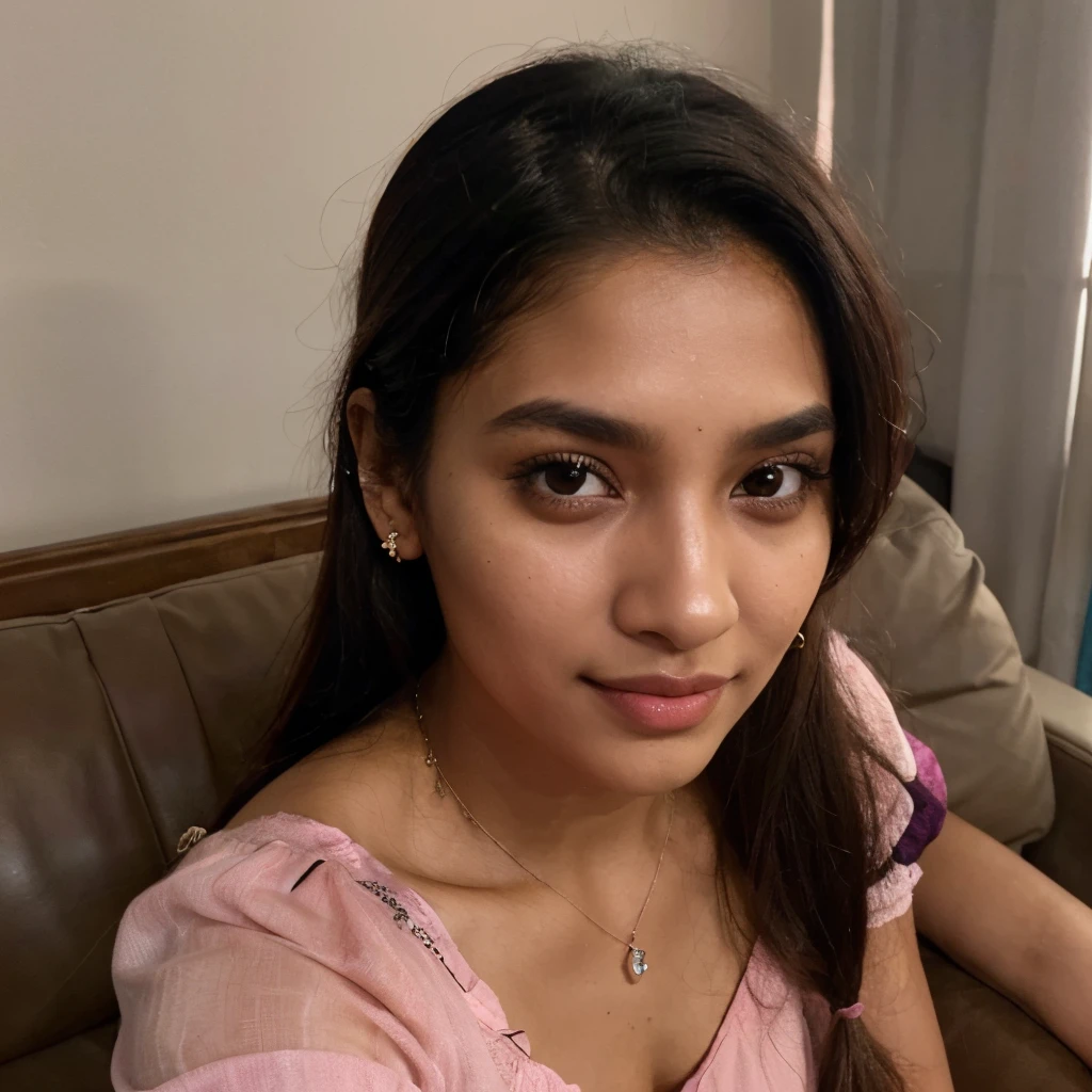 ((self-taken close up photo)), natural colors, ((selfie photo)), of a 22-year-old Sri Lankan woman named Kasuni, (dark long ponytail hair), dark fair skin, black eyes, feminine features, iPhone, mobile quality, mobile focus, tack smooth, Instagram filter, TikTok filter, detailed face, detailed eyes, oiled skin, profile picture, smiling, ((sitting on a luxury couch)), ((pink dress, ladies jewelry)), natural lighting.