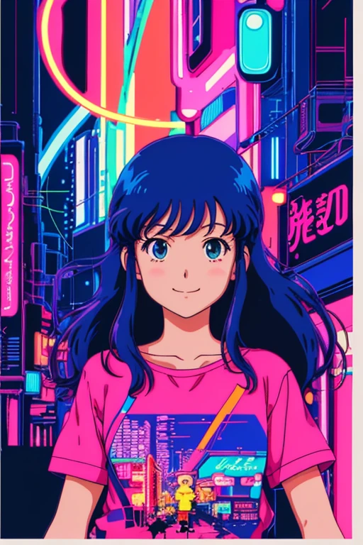 masterpiece, best quality, 1girl, city pop, ghibli style, night, neon lights, looking at viewer, body at an angle, upper body, slight smile, excited face, vector illustration, 80s clothing, long hair, 80s, neo tokyo, synthwave, abstract background, random shapes in the background, 80s anime, retro poster