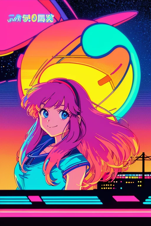 masterpiece, best quality, 1girl, city pop, ghibli style, night, neon lights, looking at viewer, body at an angle, upper body, slight smile, excited face, vector illustration, 80s clothing, long hair, 80s, neo tokyo, synthwave, abstract background, random shapes in the background, 80s anime, retro poster