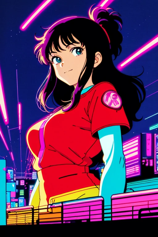 masterpiece, best quality, 1girl, city pop, ghibli style, akira, night, neon lights, looking at viewer, body at an angle, upper body, slight smile, excited face, vector illustration, 80s clothing, long hair, 80s, neo tokyo, synthwave, abstract background, 80s anime, retro poster