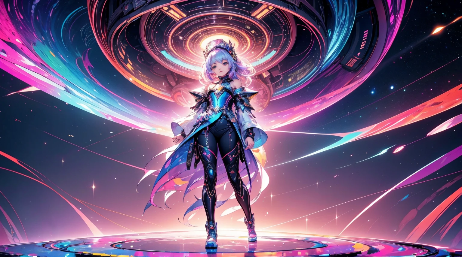 Masterpiece designs by the world's top AI artists, top-quality, 8K, High image quality, (Paint splashes)，Colorful ，Glow Color，lamplight，The Girl，(full body Esbian)，Look at the camera、Glass-like outfits，Sleeves glow，large round eyes，cute little，Light in the eyes、the universe expands to infinity，I don&#39;t even have time to take a breather、A treasure trove of possibilities、Interdimensional space、Fractal Art，Detail Precise Cyber City、glitter spark