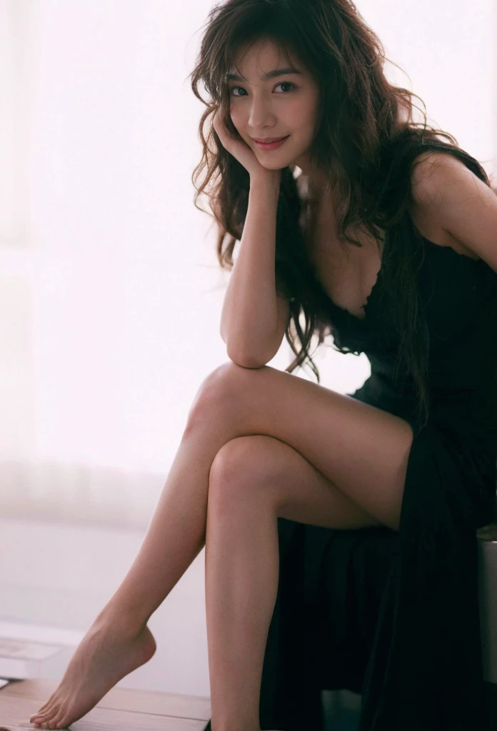 (On a table, Best quality, realistically, ultra - detailed, meticuloso, A high resolution, 8k wallpaper), Close-up portrait of a beautiful woman, Chariada, Smiling, light brown messy hair, Perfect dynamic composition, 美丽meticuloso的眼睛, Just like the cover of a fashion magazine, On campus