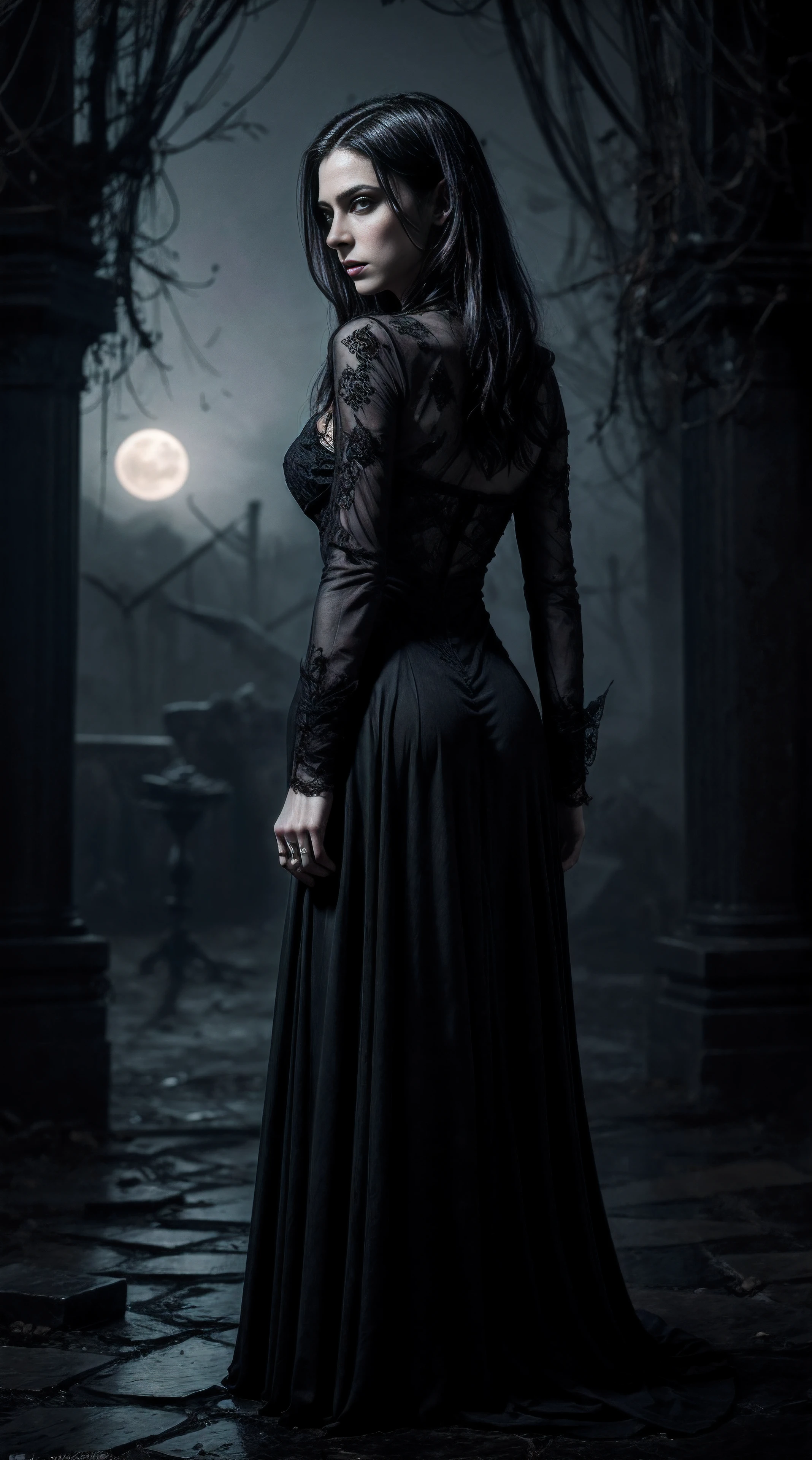 (Beautiful vampire, Tim Burton's style),(full moon),(full - body),(blood on the face),(Dark Fantasy),(ssmile, demonstration of the coolest qualities,4k,hight resolution),(Ultra-detailed),(Realistic:1.37),(HDR),(Side hustle),(physical based rendering),(Extremely detailed eyes and face),(beautiful ass),(stands with his back to the camera),(long eyelashes),(Night with dark tones),(ominous vibe),Appendix to (SINISTER, seductive) Personality. The art style is a combination of (Realistic, Photorealistic) pa (Dark, surreal) Fantasy elements, with (Rich, Vibrants) Color, Evoking feelings of hysteria, intrigue) pa (Danger, excitement). illumination (A thin, dramatic), with (soft, ethereal) moon light, Casting shadows, pa (mysterious, eldritch) Glow on the porcelain skin of a vampire.