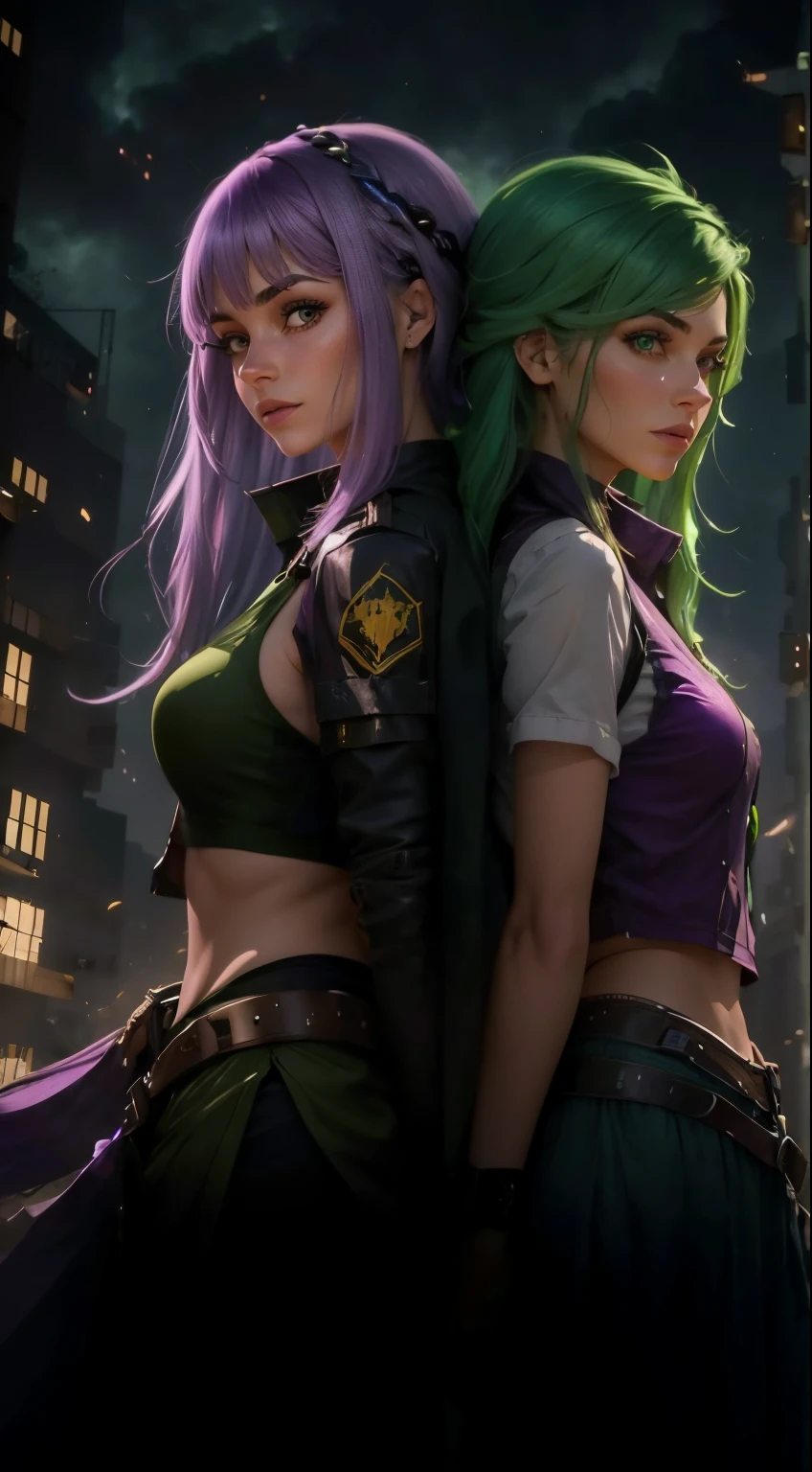 melhor qualidade, realista. 2 MULHERES, a girl with lilac hair/roxo. A outra garota tem cabelos verdes/verde. They are in the middle of a burning city, it is night time