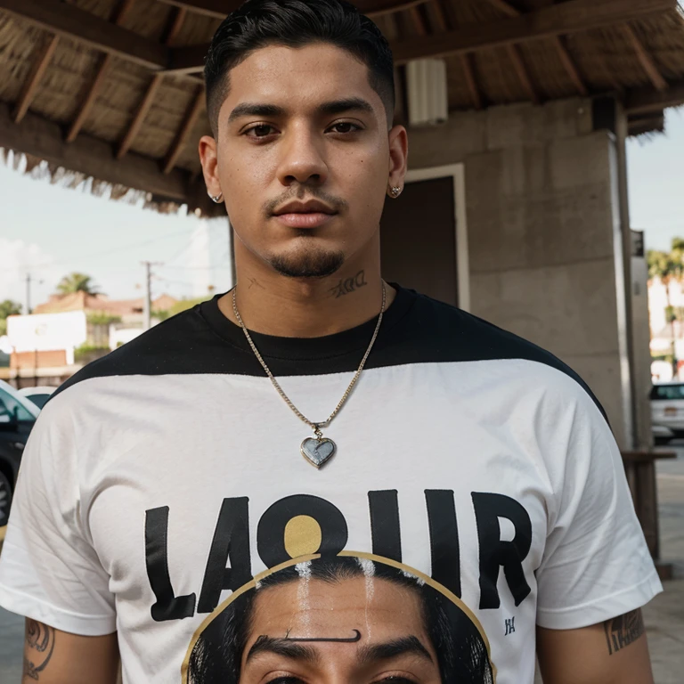 Latin rapper style man posing selfie short hair regular body with black hair age 25 realistic Mexican Latin black t-shirt fashion of 2023 overside