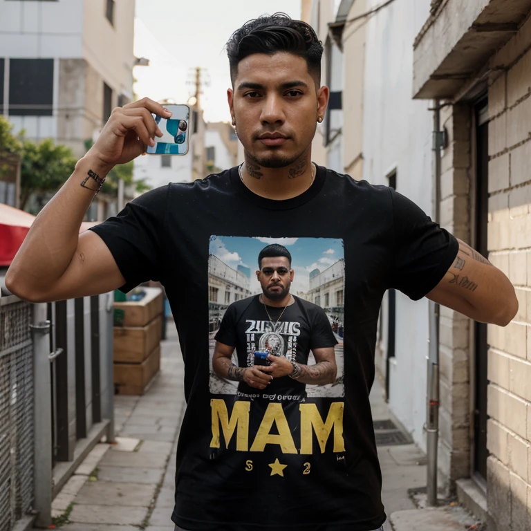 Latin rapper style man posing selfie short hair regular body with black hair age 25 realistic Mexican Latin black t-shirt fashion of 2023 overside