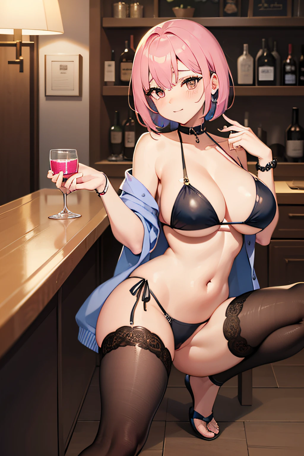 ((Legs wide open)), 1 milf, Pink Bob, (red blush), Sexy string bikini that fits perfectly against your skin, obscenity, Colossal tits, Lots of cleavage, Curve, thigh highs, obscenity, Curve, a bar counter, Pink aesthetics, 4K, Sexual exposure, Sitting seductively with her legs wide open!