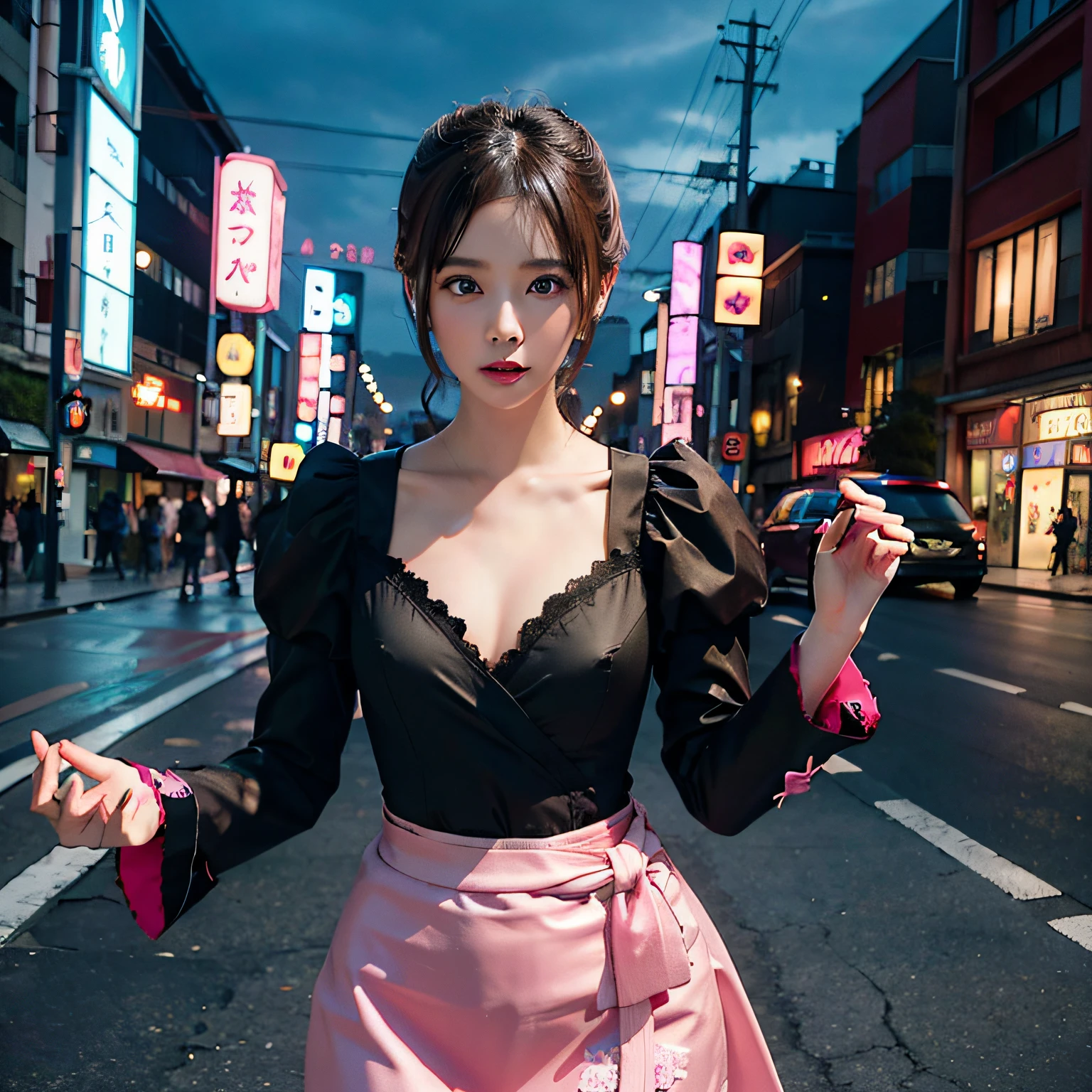 Japanese Woman, black gothic satin maid outfit, downtown tokyo, pink teal neon ads, absurdres, high res, ultrasharp, 8K, masterpiece, looking at viewer