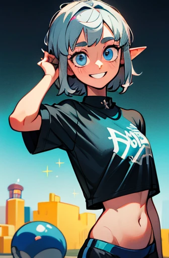 1 sister, Young woman, 20yr old, sporty attire, , Belly up, Focus Women, bshoulder, Broken, silber hair, (Short hair detailessy  hair), Elf cut, Bright blue eyes, (Happy),(Hefty Smile), black t-shirts,