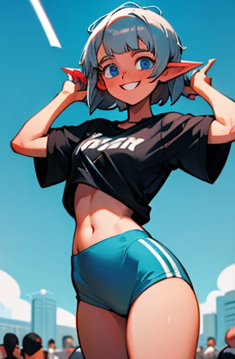 1 sister, Young woman, 20yr old, sporty attire, , Belly up, Focus Women, bshoulder, Broken, silber hair, (Short hair detailessy  hair), Elf cut, Bright blue eyes, (Happy),(Hefty Smile), black t-shirts,