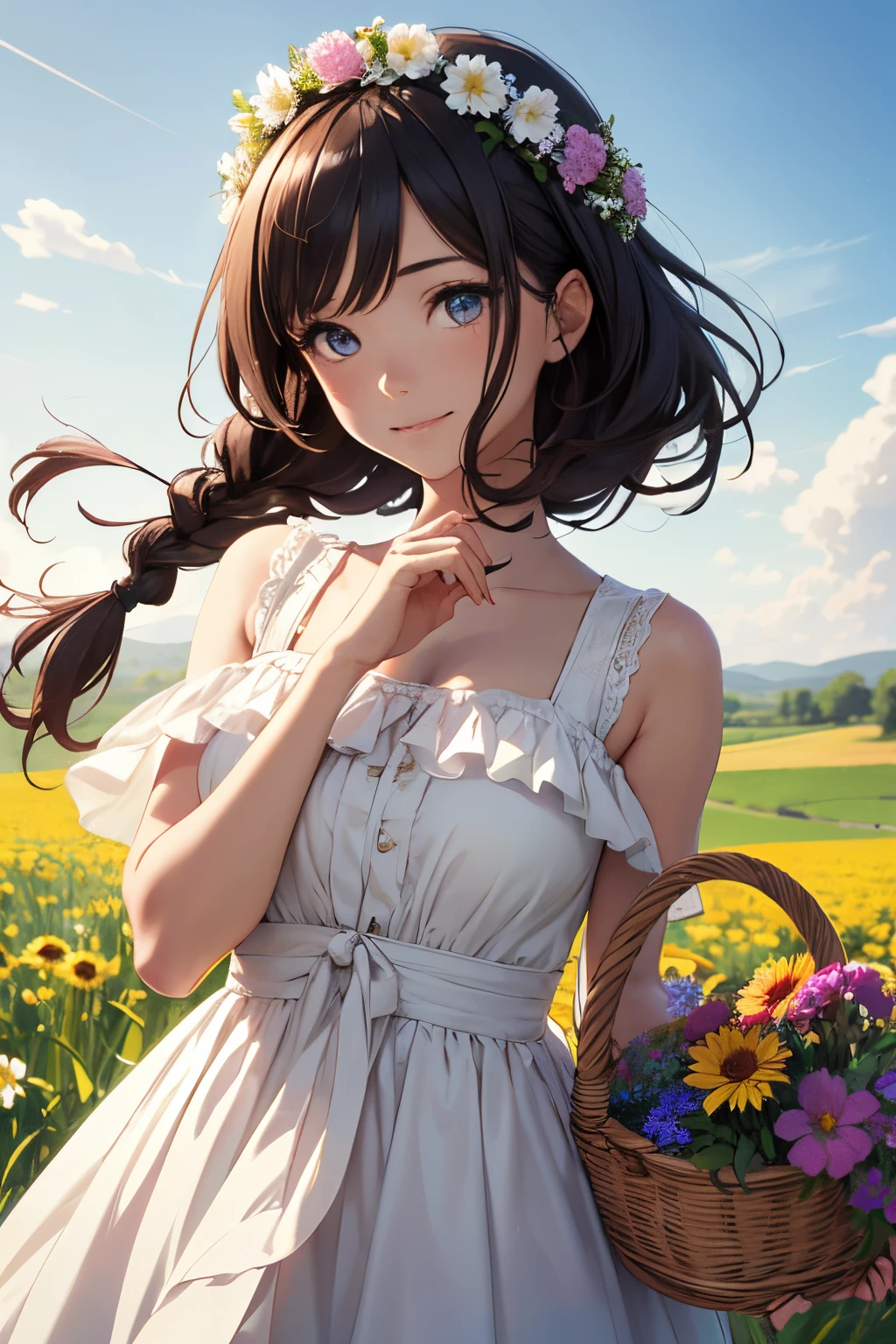very cute and beautiful girl with flower crown,,white sun dress with detailed frills,(highly detailed beautiful face and eyes:1.2),
standing in middle of colorful flower field,(holding a basket of freshly picked flowers),countryside,beautiful summer sky,
cowboy shot,(smile),black hair,twin braid,dynamic angle,
(best quality,masterpiece:1.2),(intricate details),extremely detailed,highres,
solo,cinematic lighting,dim light,hair fluttering in the wind,(realistic),