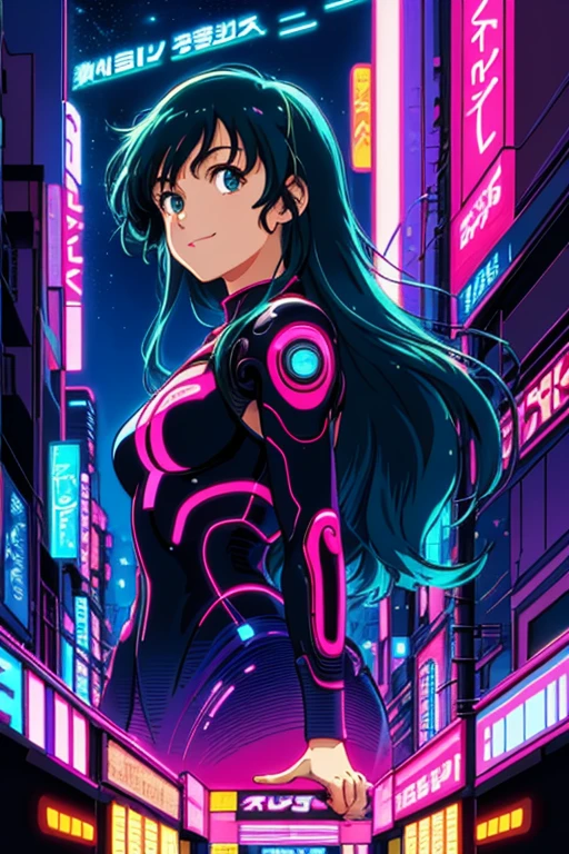 masterpiece, best quality, 1girl, city pop, ghibli, akira, night, neon lights, looking at viewer, body at an angle, upper body, slight smile, excited face, vector illustration, 80s clothing, long hair, 80s, neo tokyo, synthwave, abstract background, futuristic setting, 80s anime, retro poster