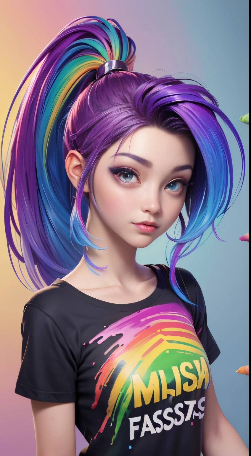 Foto de Jennifer Esposito,fotorrealista,(Camiseta Rosa Moda: 1.9),(Cor do Cabelo: 1.8), (all colors of the rainbow: 1.8),((((pintura vertical:1.6))), (pintura: 1.6),testa, Comics, Illustrations, Tintas, olhos grandes, olhos de cristal,( high ponytail rainbow color gradient:1.7), maquiagem requintada, boca fechada,(Pequeno fresco: 1.5),(Peito limpo: 1.5),(Peito limpo: 1.5) 1.6), longeyelashes, camiseta branca off-shoulder, camisa branca do ombro, looking at the audience, grandes olhos lacrimejantes, (rainbow hair color:1.6), salpicos de cor, (somente: 1.8), respingo de cor, Color explosion, estilo de pintura grossa, messy linerilhante)), (Colouring), (Colouring), (Colouring), Colouring, estilo de pintura grossa, (chapinhar) (salpicos de cor), pintura vertical, parte superior do corpo, Splatter de tinta, Acrylic Pigment, gradiente, pintar, A mais alta qualidade de imagem, very high quality, Masterpiece, floor, profundidade de campo, pintura facial, roupas coloridas, (elegante: 1.2), Beautiful, Cabelos Longos, vento, (elegante: 1.etals: 1.4),((Masterpiece))),((melhor qualidade))),((ultra-detalhado)),(ilustration),(angle dynamic),((Flutuante)),(pintura),((cabelos desgrenhados)),(somente),(1Menina) , (((Rosto anima detalhado))),((Rosto anima detalhado)),(rosto bonito e detalhado )),colar,ombros nus,cabelos brancos, ((Cabelos Coloridos)),((cabelo listrado)),(olhos detalhados bonitos,(gradient color eyes),((Eye Colorationackground Coloring ))),(high saturated))),((surrounded by splashes Colorings))),(arched back, Appearance from behind:1.7)