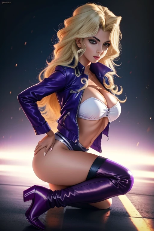 (best quality), Wearing Your Classic Outfit, melhor qualidade mai valentine, ultra realista, 8k, full HD, full body photo from head to toe, detalhes intrincados, olhos bem detalhados,  model pose, middle , perfect hands, cintura fina, mulher gostosa e atraente, imagem realista, pele detalhada, rosto,
 1Menina, cabelos longos, blonde hair, jaqueta aberta sem mangas roxa, blusinha branca, saia roxa, purple knee-high boots, Brincos, maquiagem, na cidade