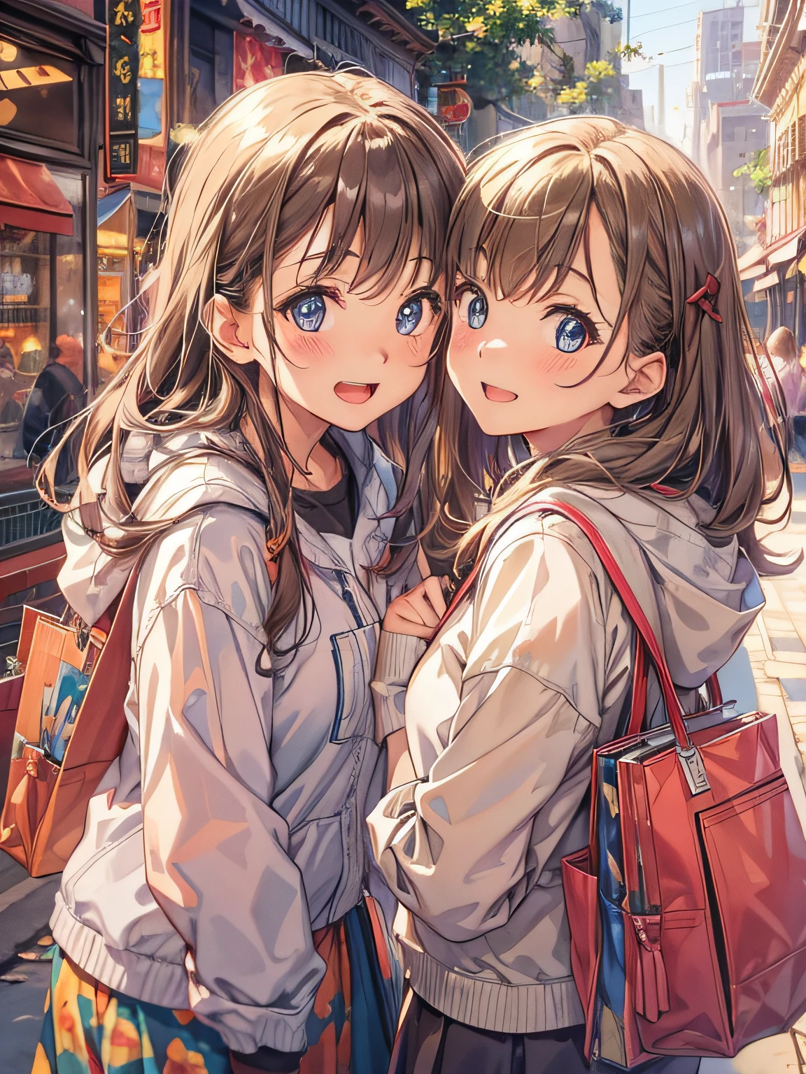 (Best Quality,4K,hight resolution,masutepiece:1.1), Ultra-detailed,Illustration style,2 cute girls,enjoy the peaceful scenery, Dynamic Angle, upperbody shot, smile shy,(dark-colored eyes), Semi-long hair, sisters shopping in the city,Outdoor Clothing, Warm lighting.