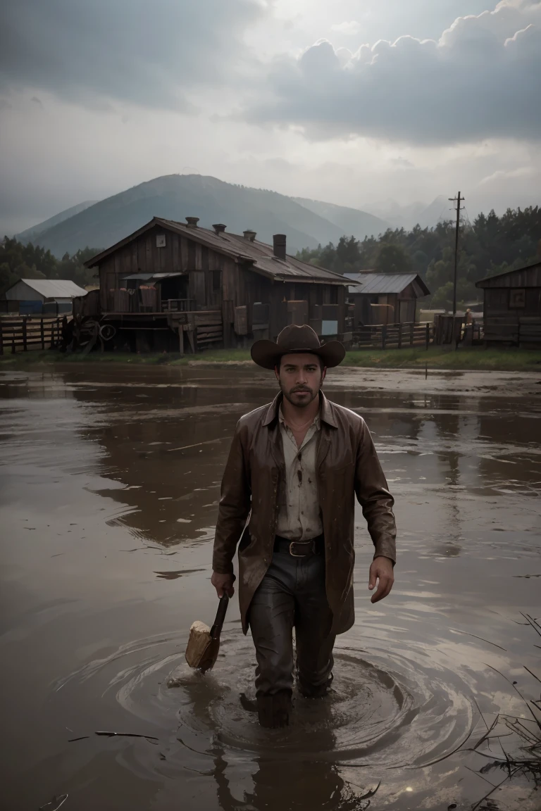 **/an image that depicts a scene of 1880s cowboy on Montana cattle ranch, cinematic still, feel of Director Alejandro González Iñárritu, wet, mud, some puddles,fog overcast, morning, mist, photorealistic, high angle shot, 50mm, f/22, shutter 1/60, iso 300, --ar 2:3 --v 5.2** - (fast)