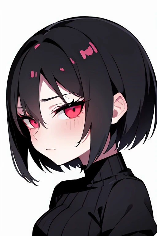 Deformed，Gothic Girl,、highlighted by a dark atmosphere， short dark hair, red eyes，short-cut，A dark-haired，inner colored，Erotic，bob cuts，face with impressive eyes，long length clothes，profile image，icons，high-necked，Neutral appearance，Man's daughter